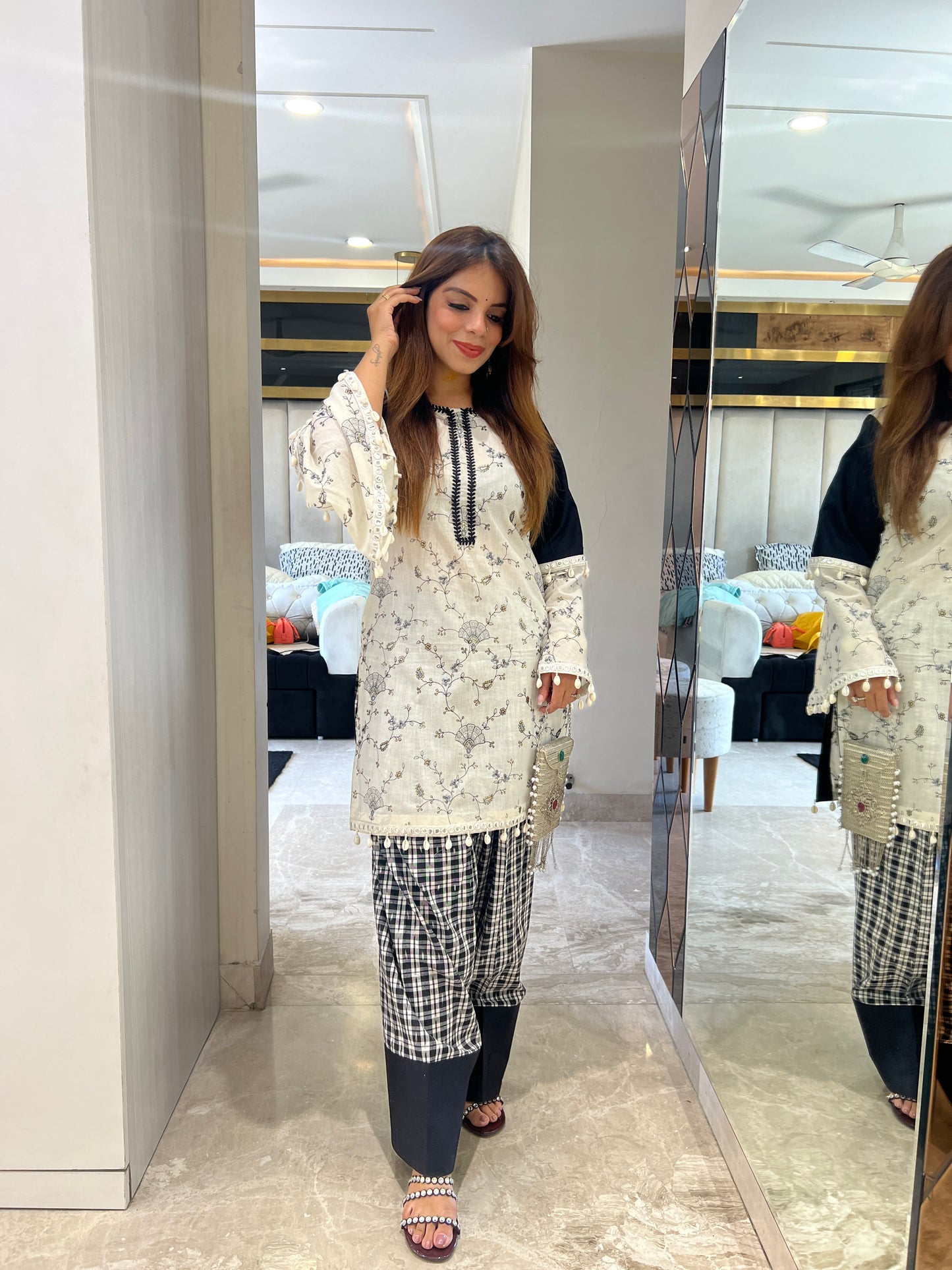 Mannat - Farsi Salwar Suit with Embroidery, Laces & Bell Sleeves – Elegant Ethnic Wear