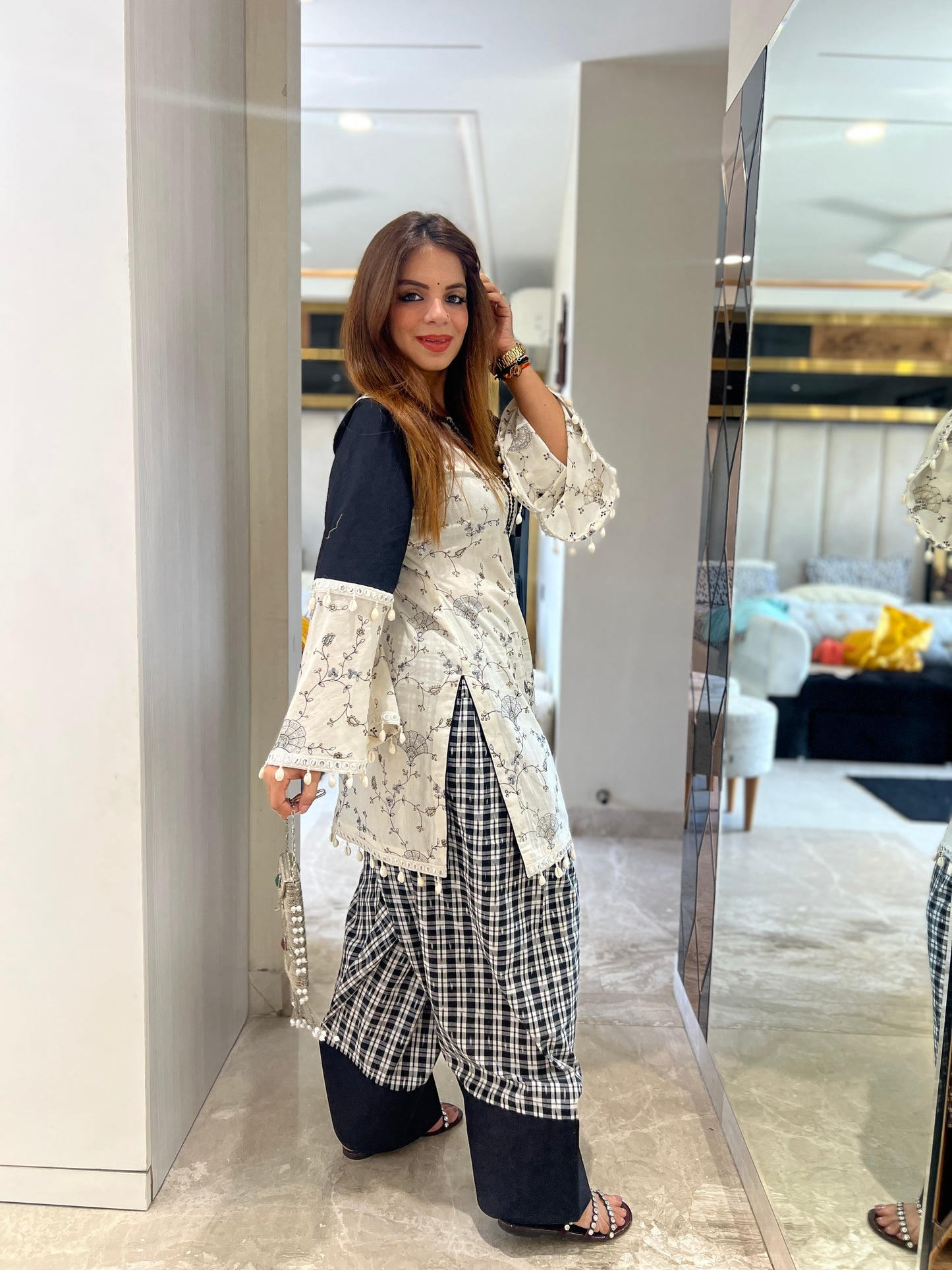 Mannat - Farsi Salwar Suit with Embroidery, Laces & Bell Sleeves – Elegant Ethnic Wear