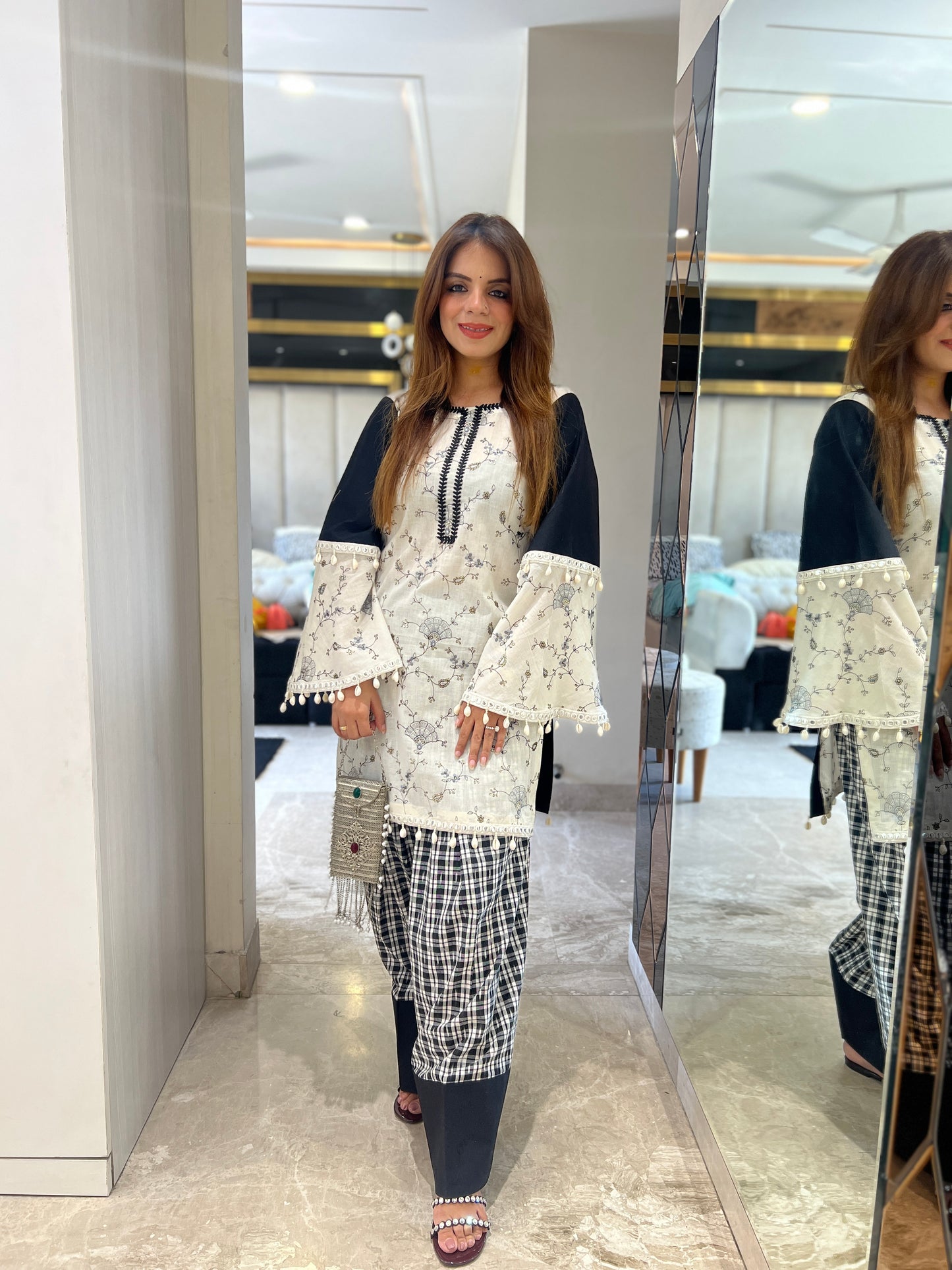 Mannat - Farsi Salwar Suit with Embroidery, Laces & Bell Sleeves – Elegant Ethnic Wear