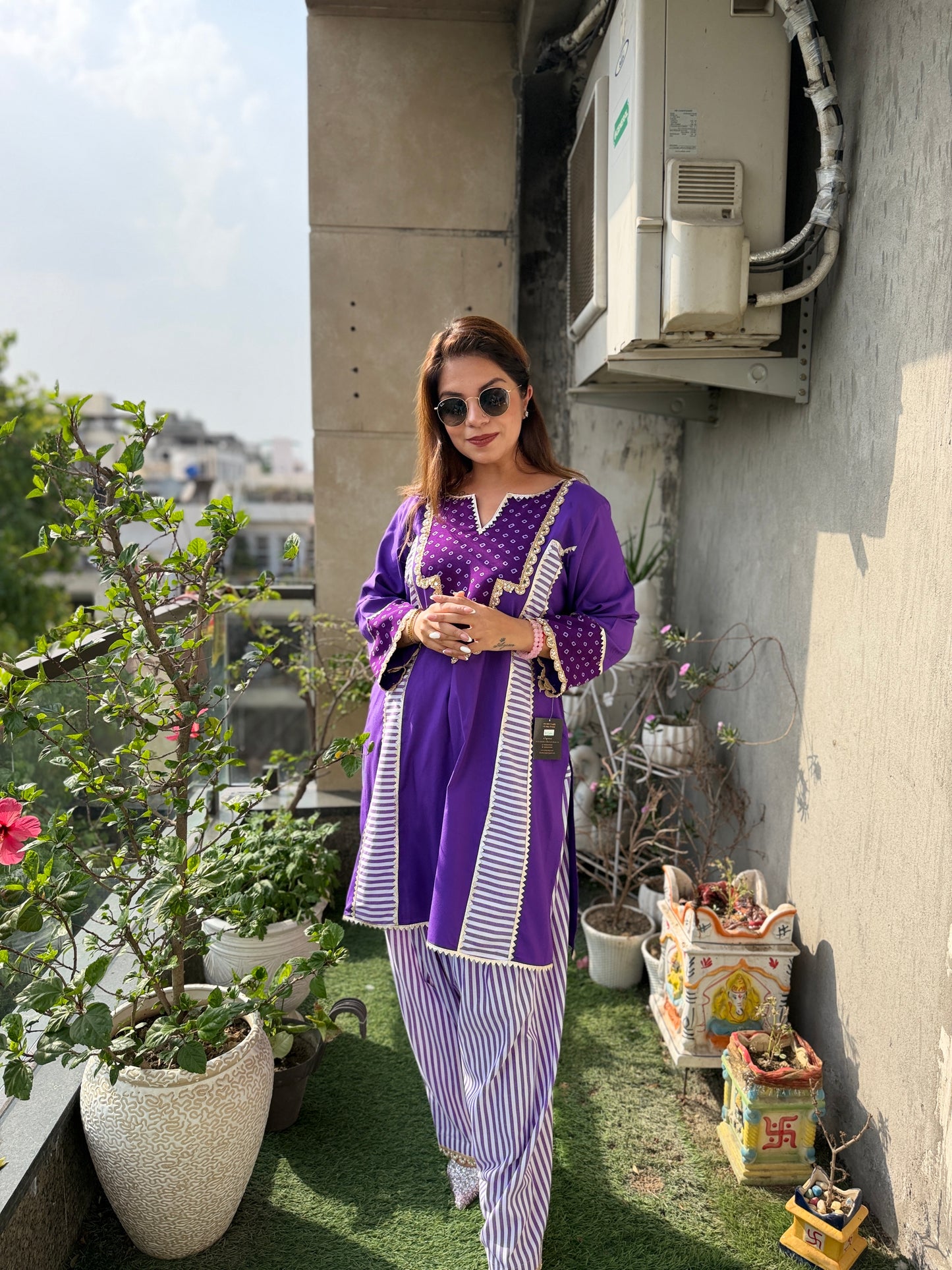 Royal Amethyst Coord Set - Purple Cotton Kurta Set with Stripe Detailing & bandhani Neckline
