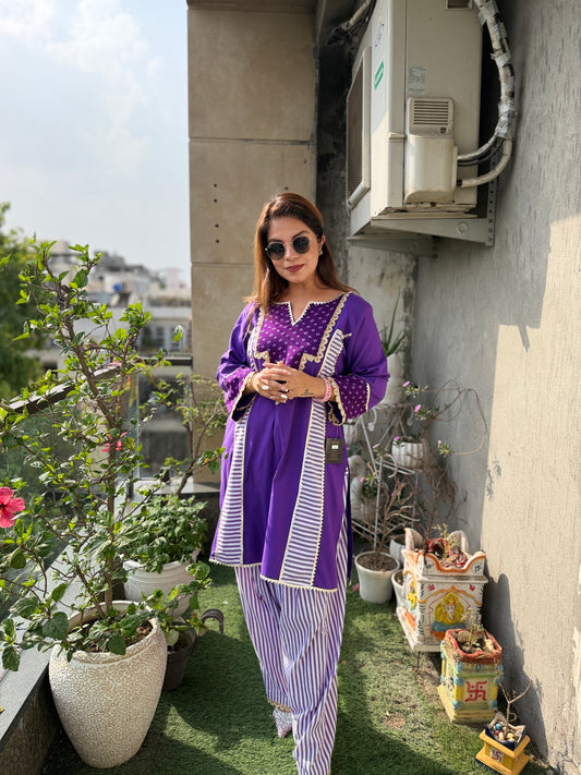 Royal Amethyst Coord Set - Purple Cotton Kurta Set with Stripe Detailing & bandhani Neckline