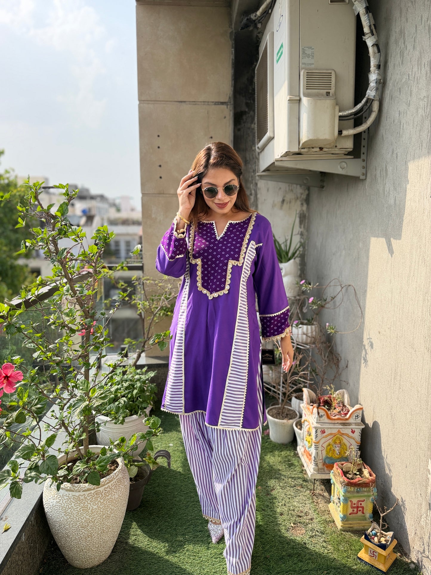 Royal Amethyst Coord Set - Purple Cotton Kurta Set with Stripe Detailing & bandhani Neckline