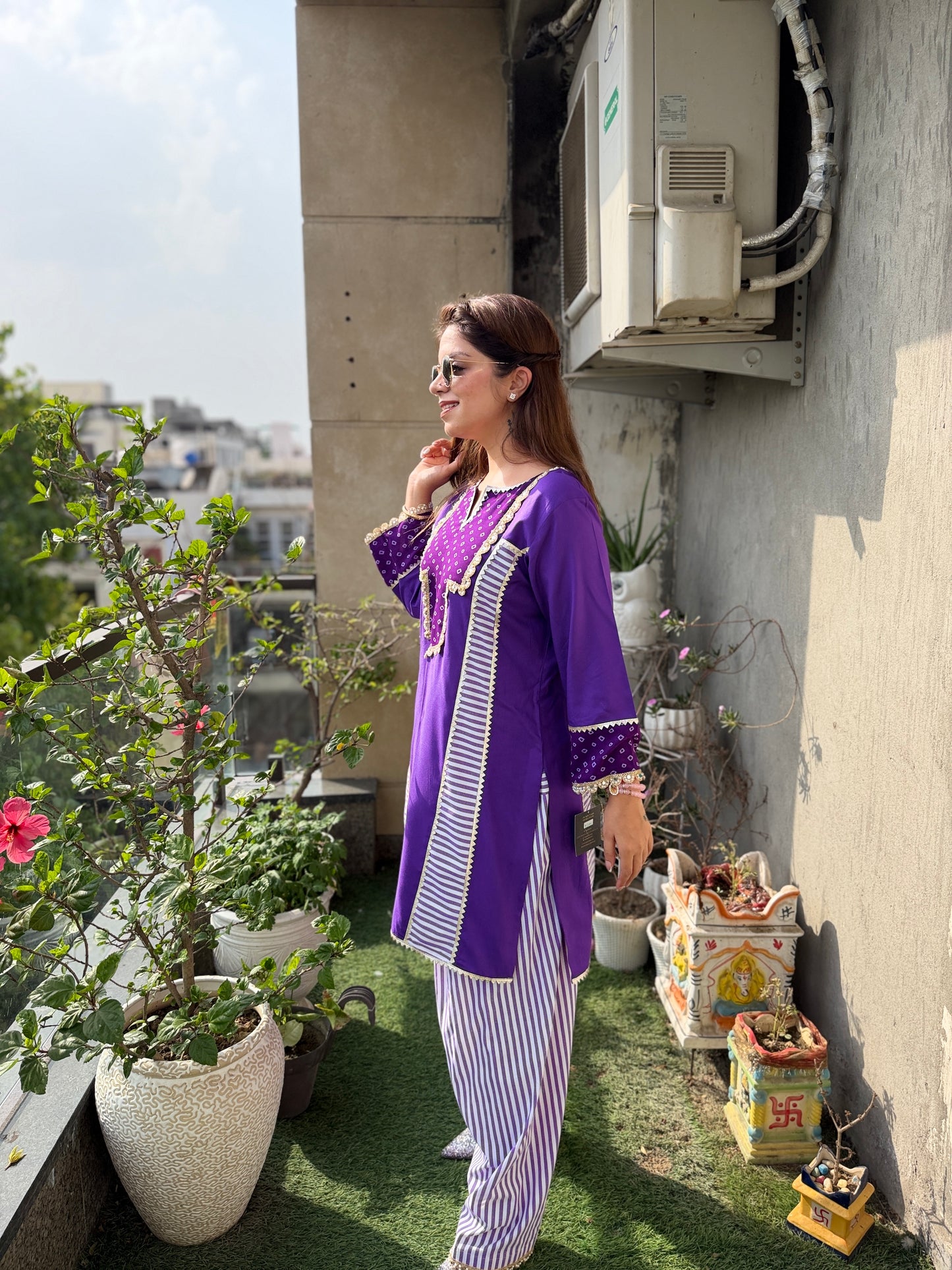 Royal Amethyst Coord Set - Purple Cotton Kurta Set with Stripe Detailing & bandhani Neckline
