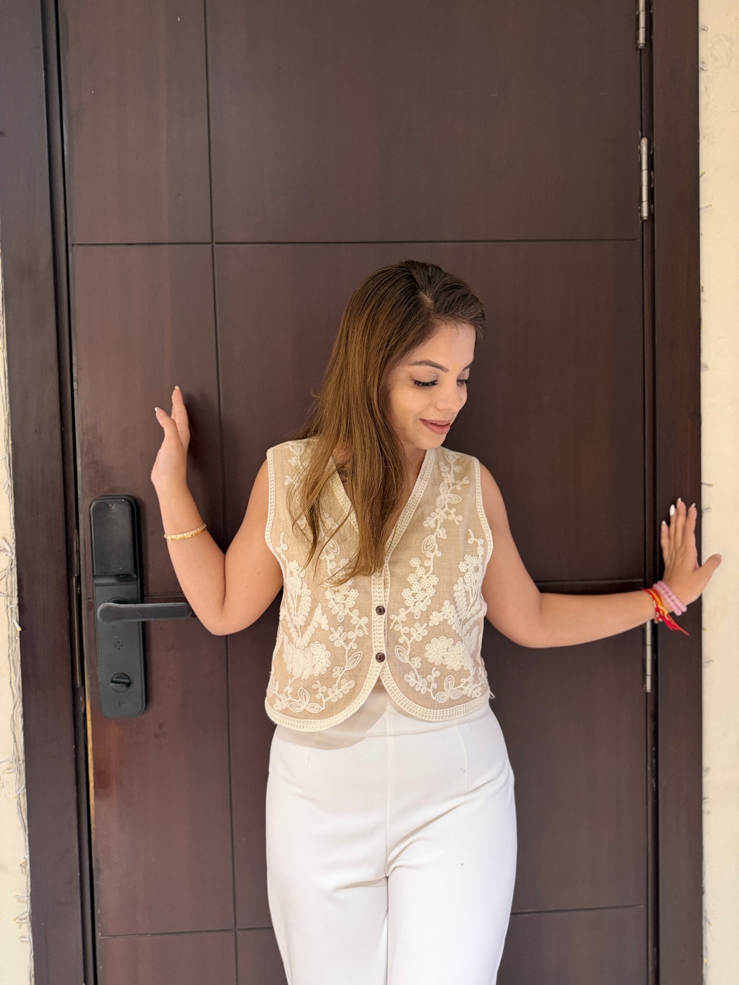 Ivory Lenin Bloom Layer Waist Coat - Ivory Sheer Embroidered Layering Waist Coat with Delicate Lace Work