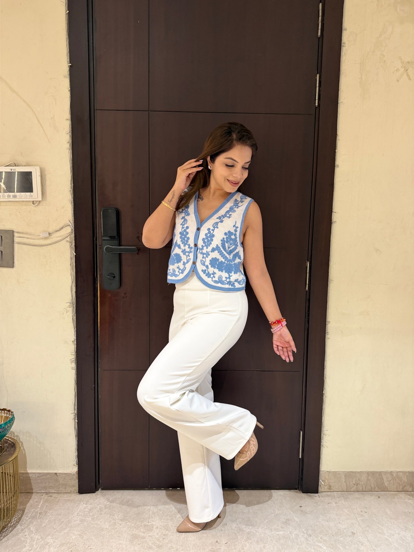 Powder Blue Whisper Waist Coat - Powder Blue Embroidered Layering Waist Coat with Delicate Lace Work