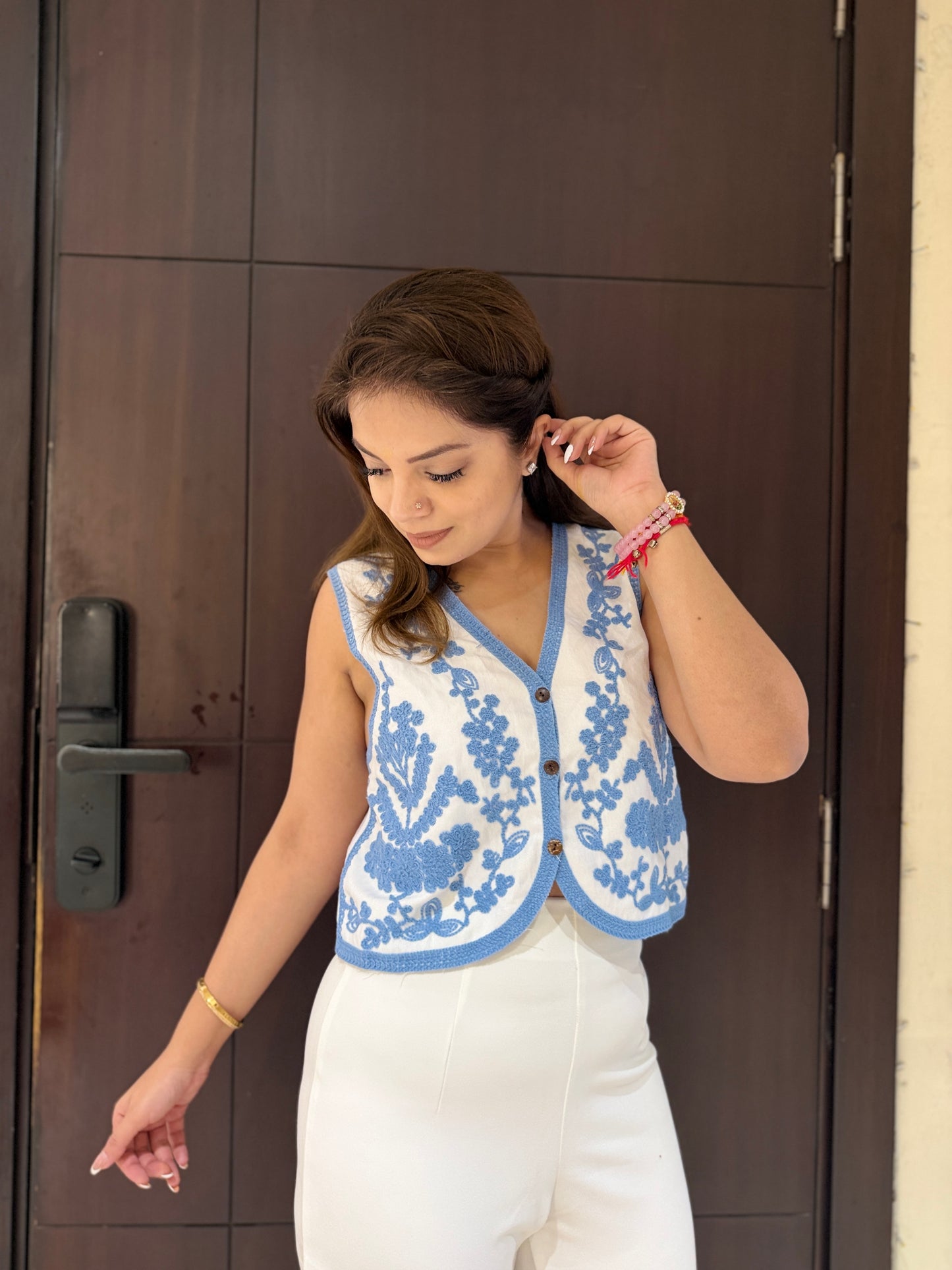 Powder Blue Whisper Waist Coat - Powder Blue Embroidered Layering Waist Coat with Delicate Lace Work