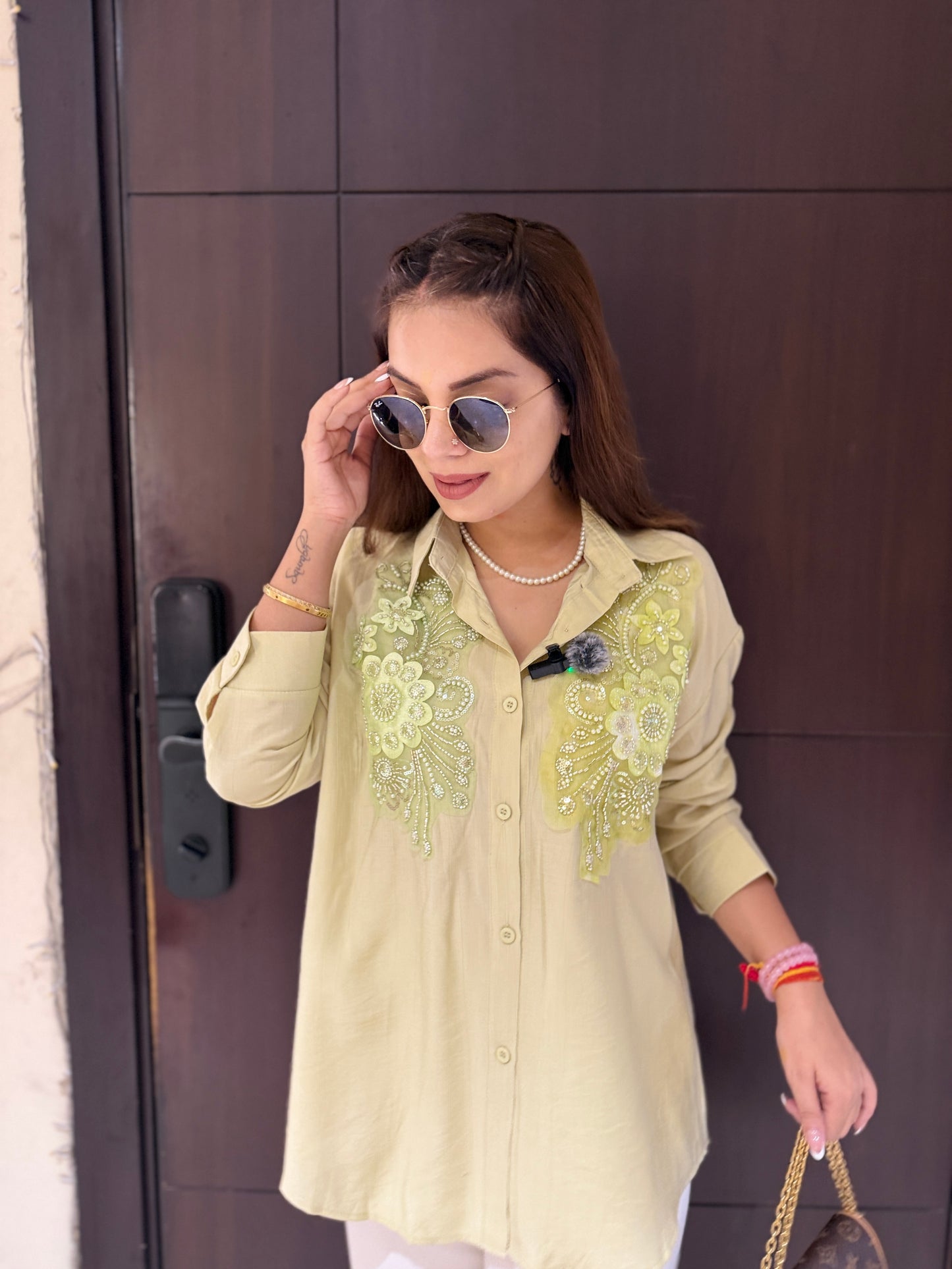 Olive Whisper Shirt - Olive Green Embroidered Shirt with Sequin Detailing