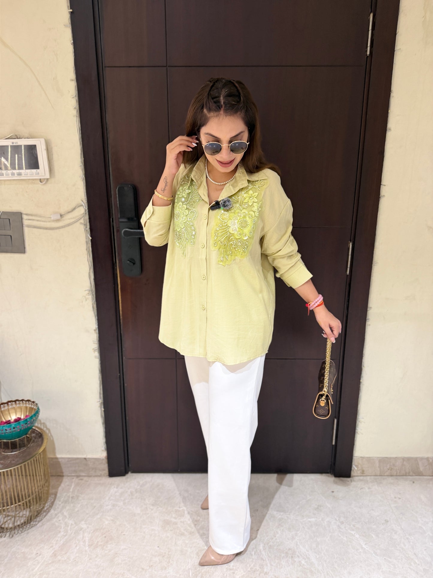 Olive Whisper Shirt - Olive Green Embroidered Shirt with Sequin Detailing