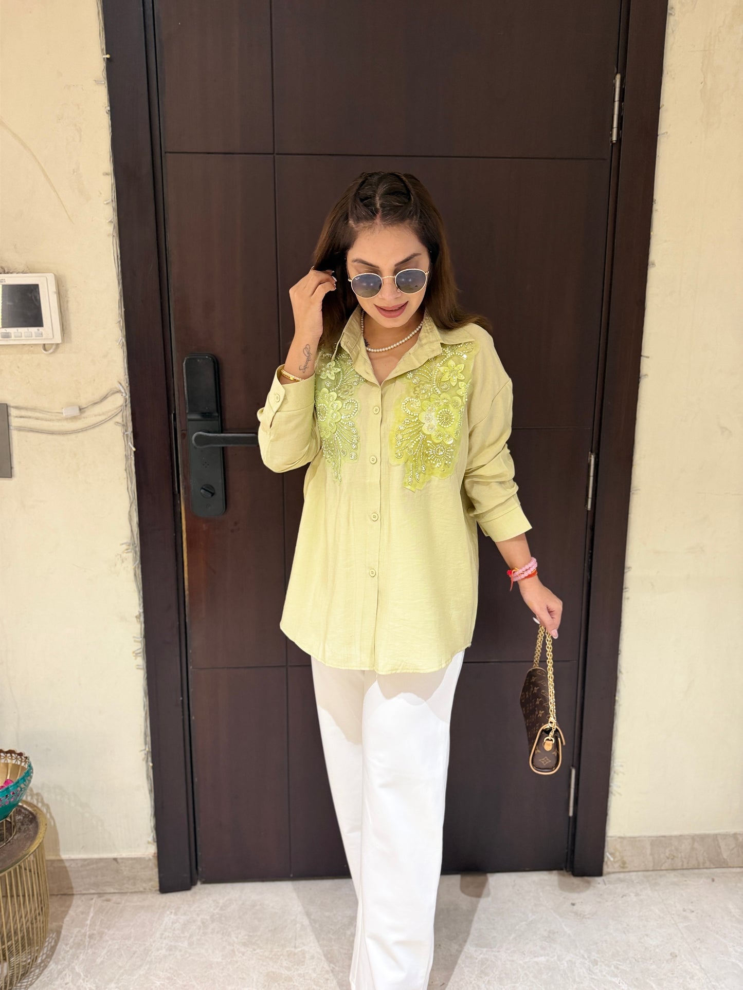 Olive Whisper Shirt - Olive Green Embroidered Shirt with Sequin Detailing