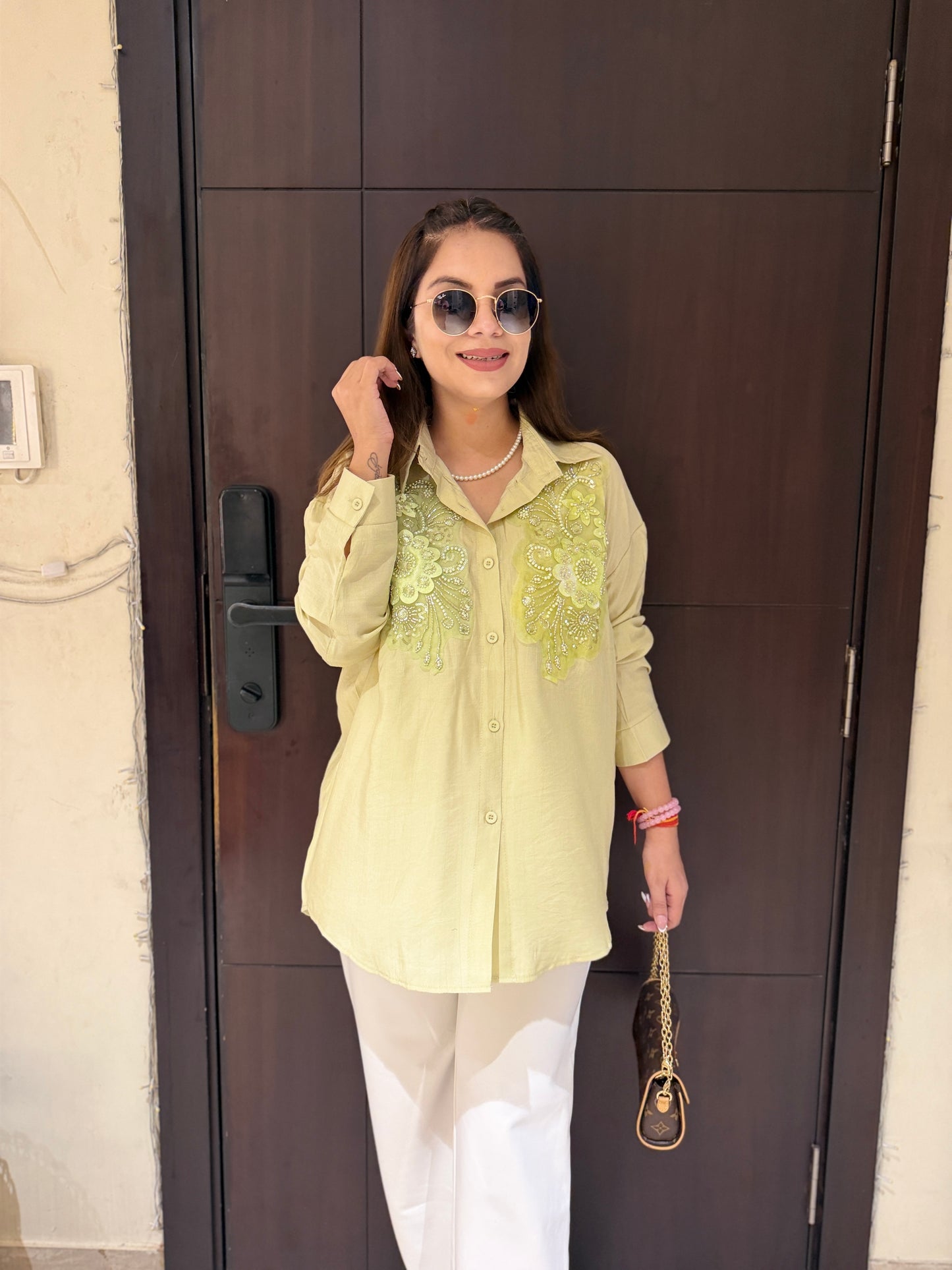 Olive Whisper Shirt - Olive Green Embroidered Shirt with Sequin Detailing