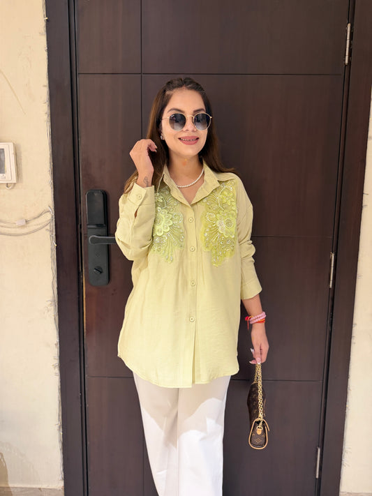 Olive Whisper Shirt - Olive Green Embroidered Shirt with Sequin Detailing