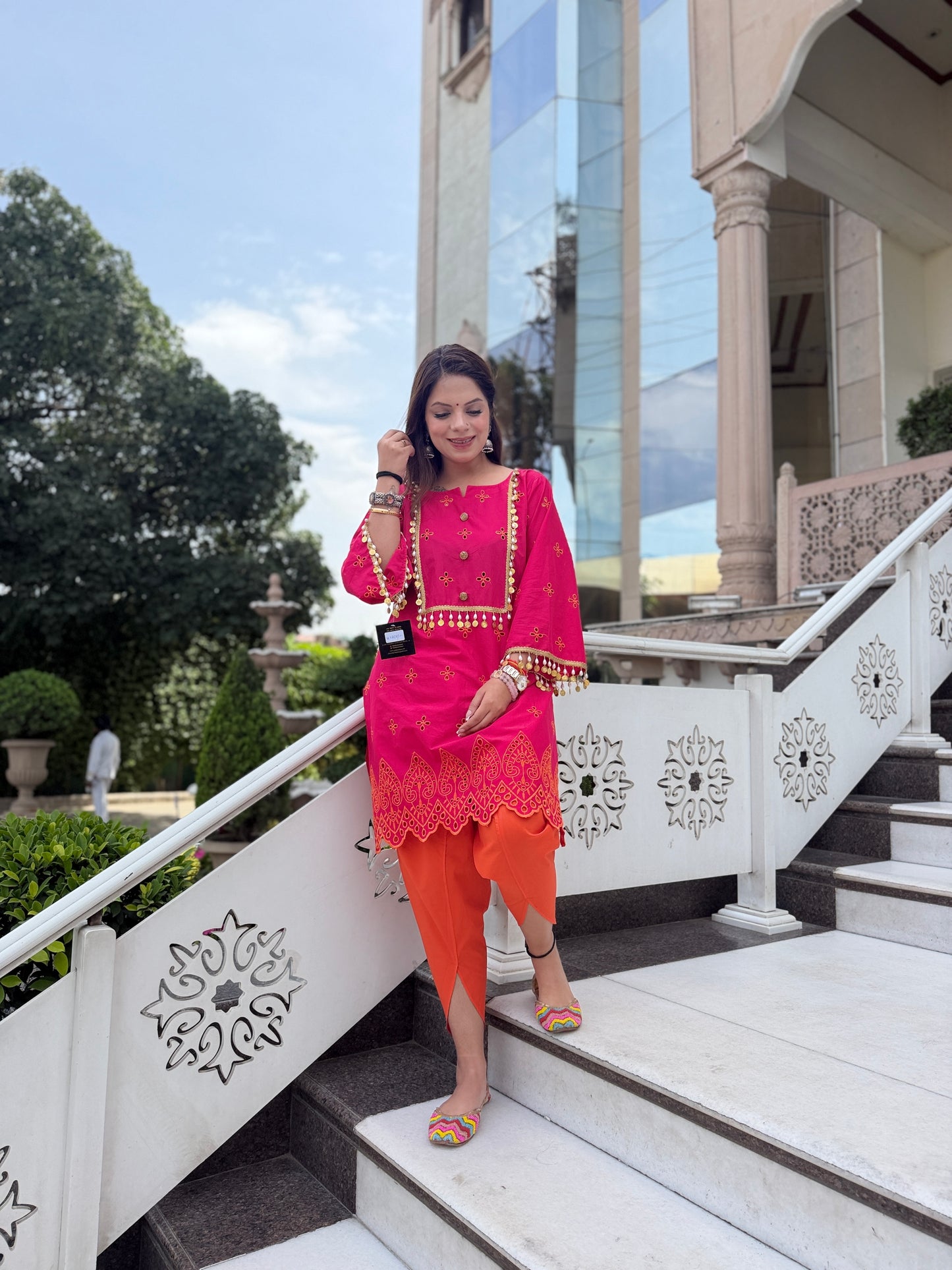 Gulnaar - Pink Chikankari Kurta Set with Lace Detailing & Orange Tulip Pants