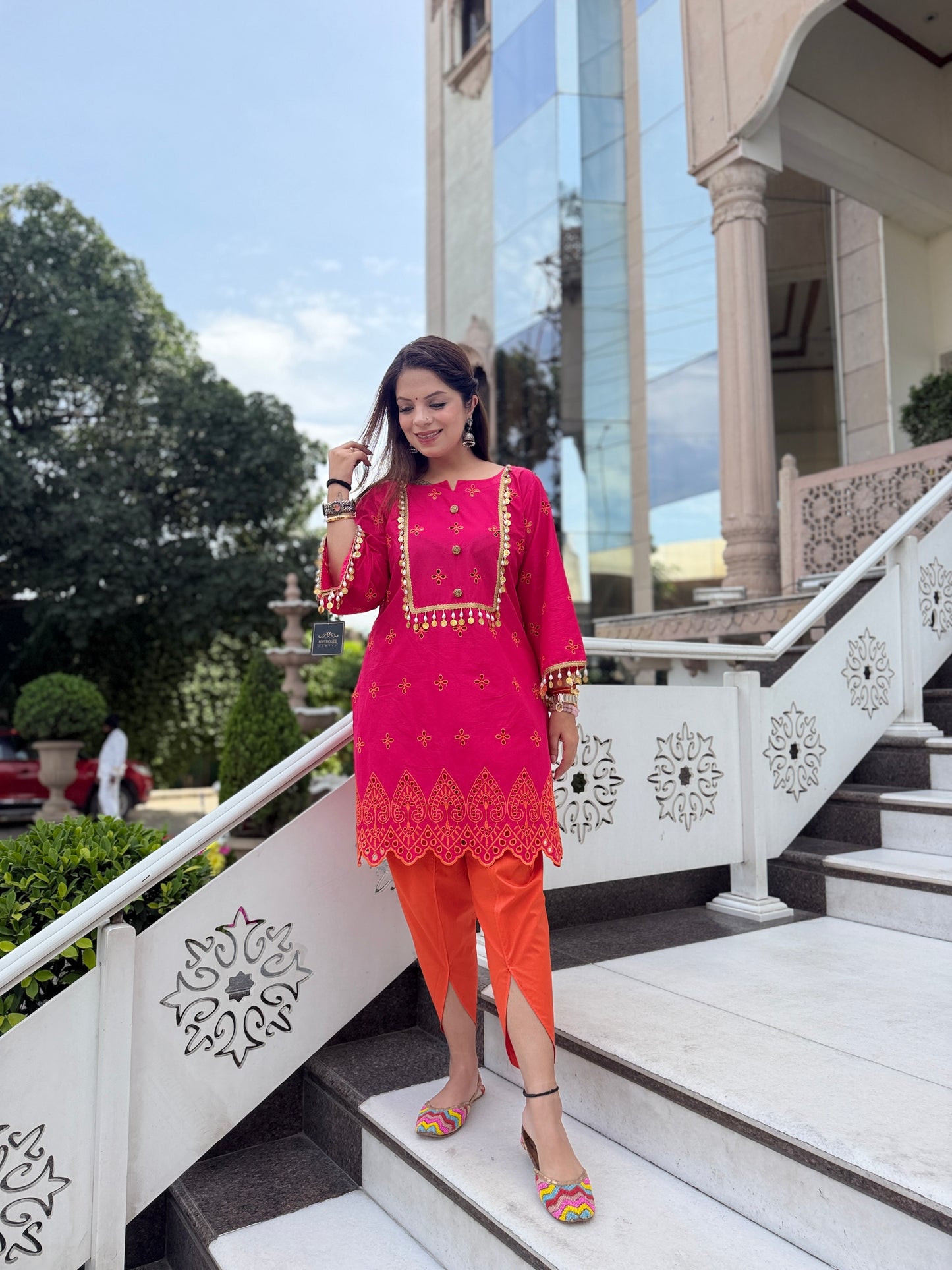 Gulnaar - Pink Chikankari Kurta Set with Lace Detailing & Orange Tulip Pants