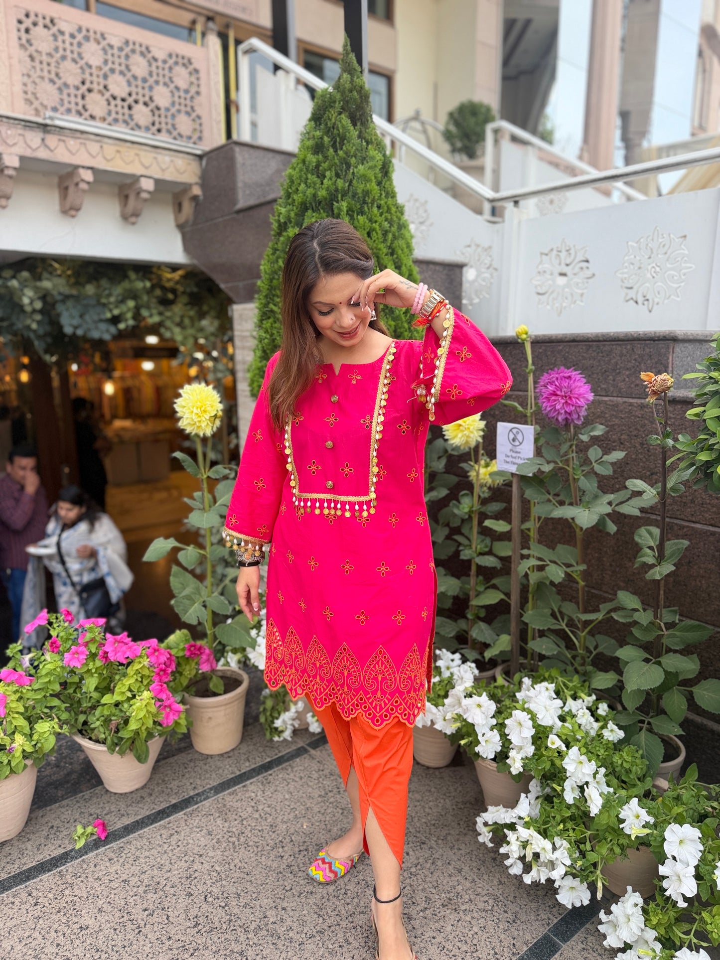 Gulnaar - Pink Chikankari Kurta Set with Lace Detailing & Orange Tulip Pants