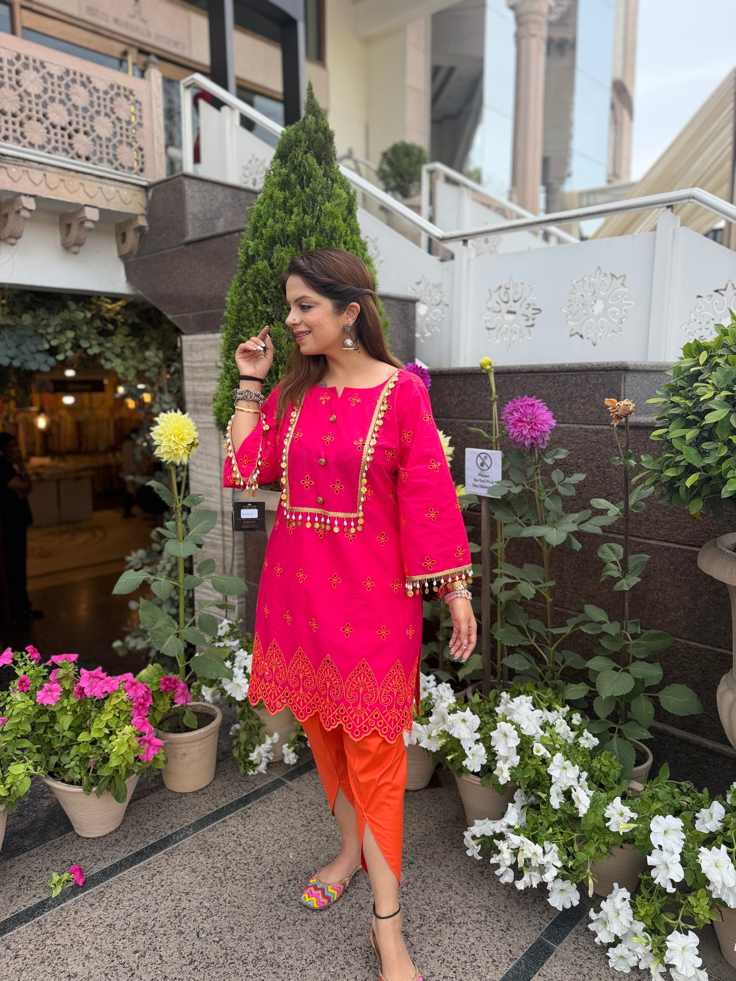 Gulnaar - Pink Chikankari Kurta Set with Lace Detailing & Orange Tulip Pants