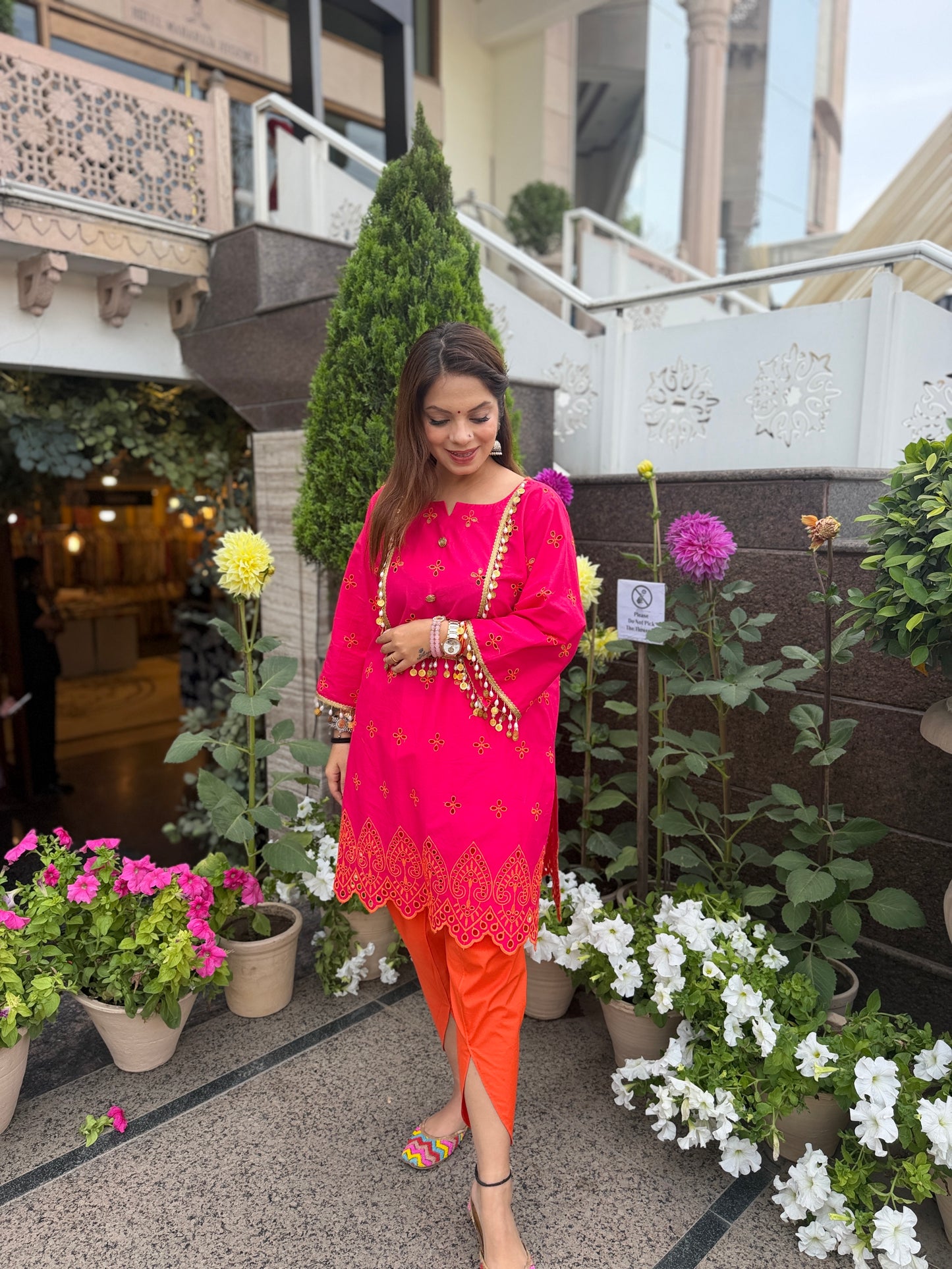 Gulnaar - Pink Chikankari Kurta Set with Lace Detailing & Orange Tulip Pants