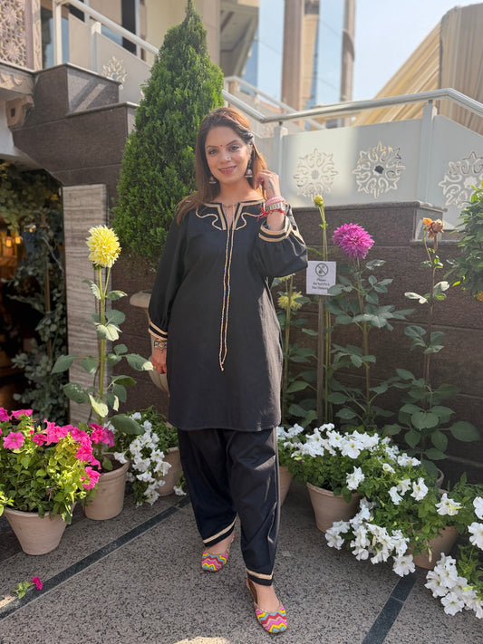 Noir Black denim - Black Cotton Kurta Set with Subtle dori lace Detailing