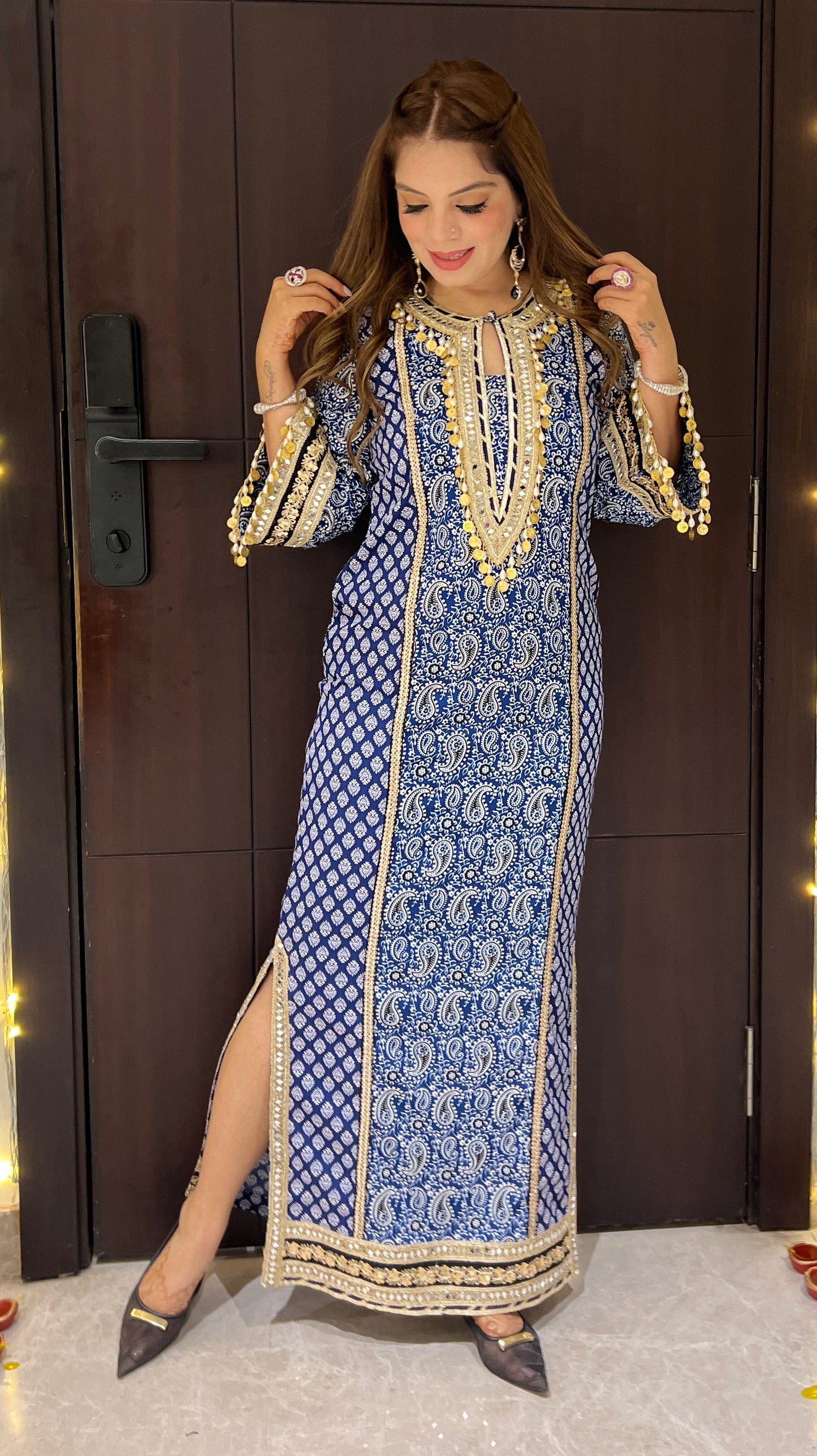 Nazakat – Blue Paisley Print Crepe Suit with Golden Detailing