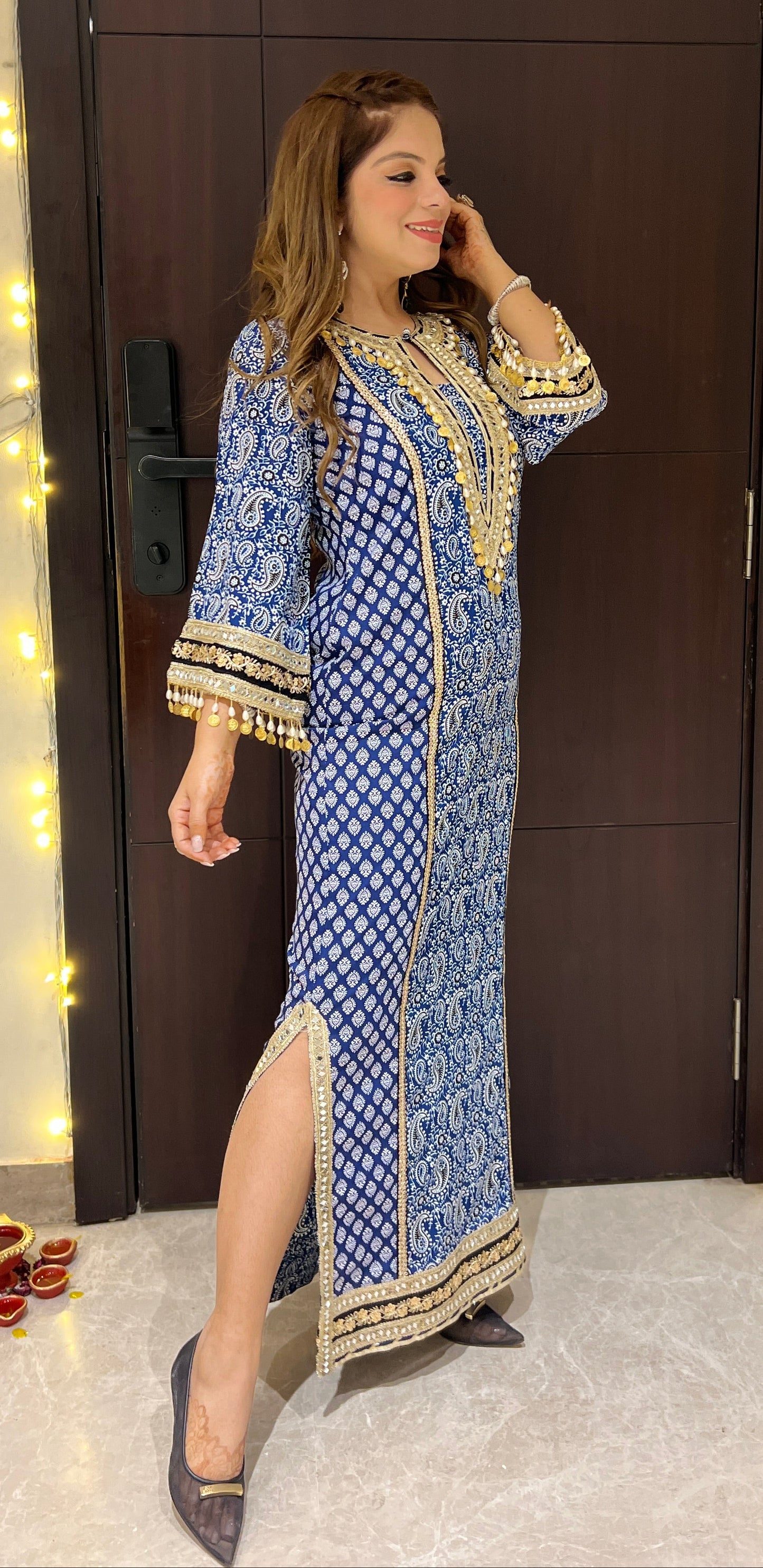 Nazakat – Blue Paisley Print Crepe Suit with Golden Detailing