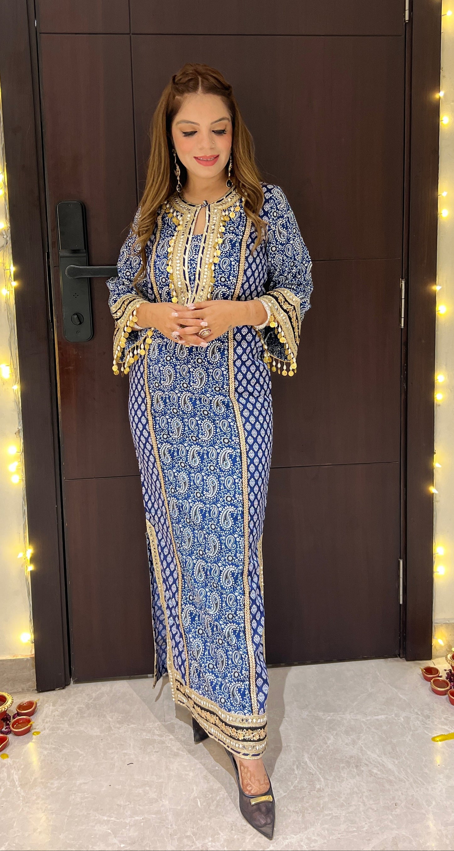Nazakat – Blue Paisley Print Crepe Suit with Golden Detailing