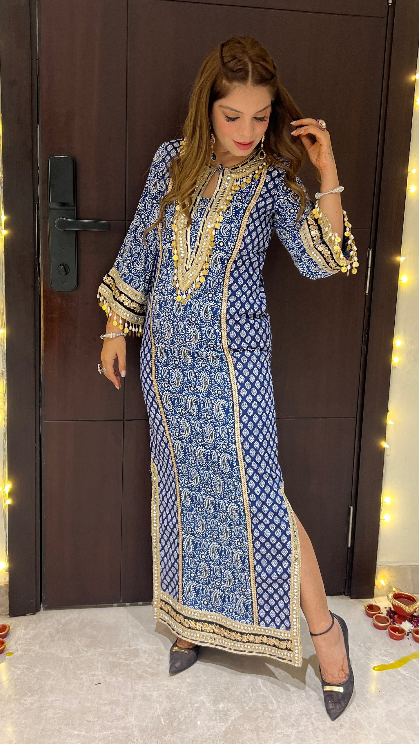Nazakat – Blue Paisley Print Crepe Suit with Golden Detailing