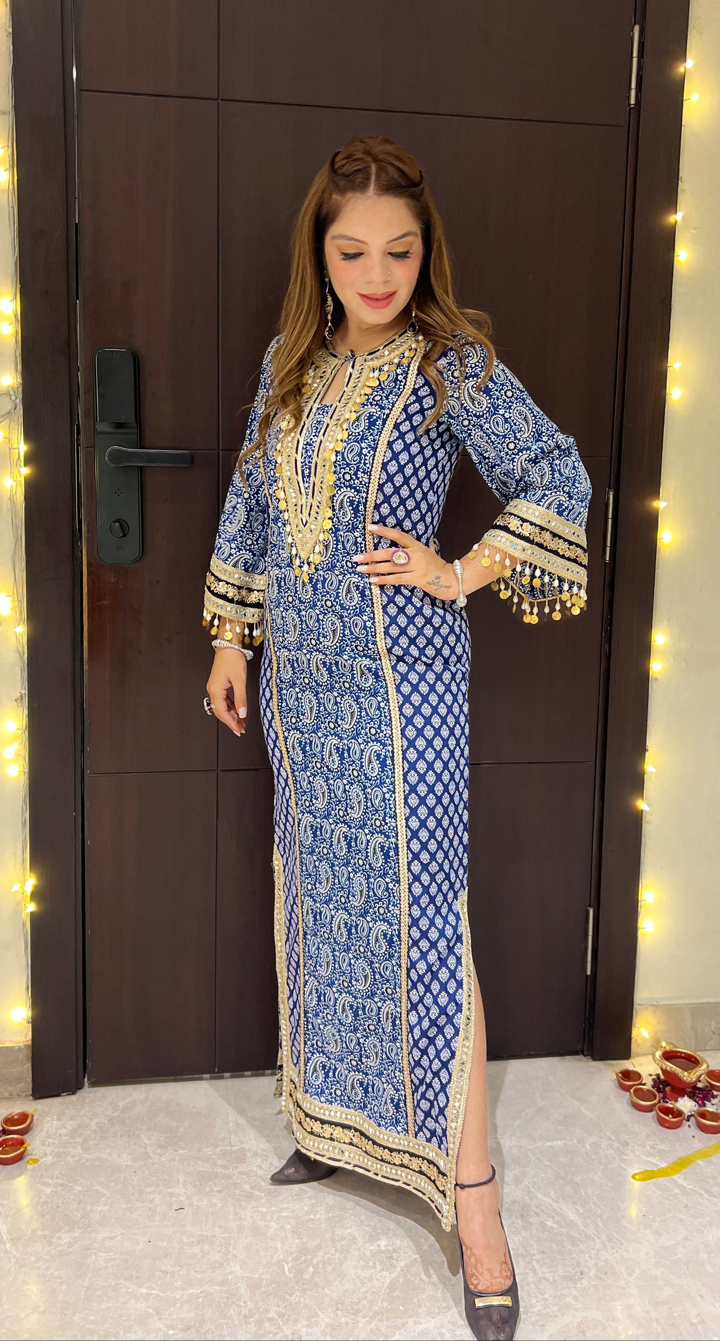 Nazakat – Blue Paisley Print Crepe Suit with Golden Detailing