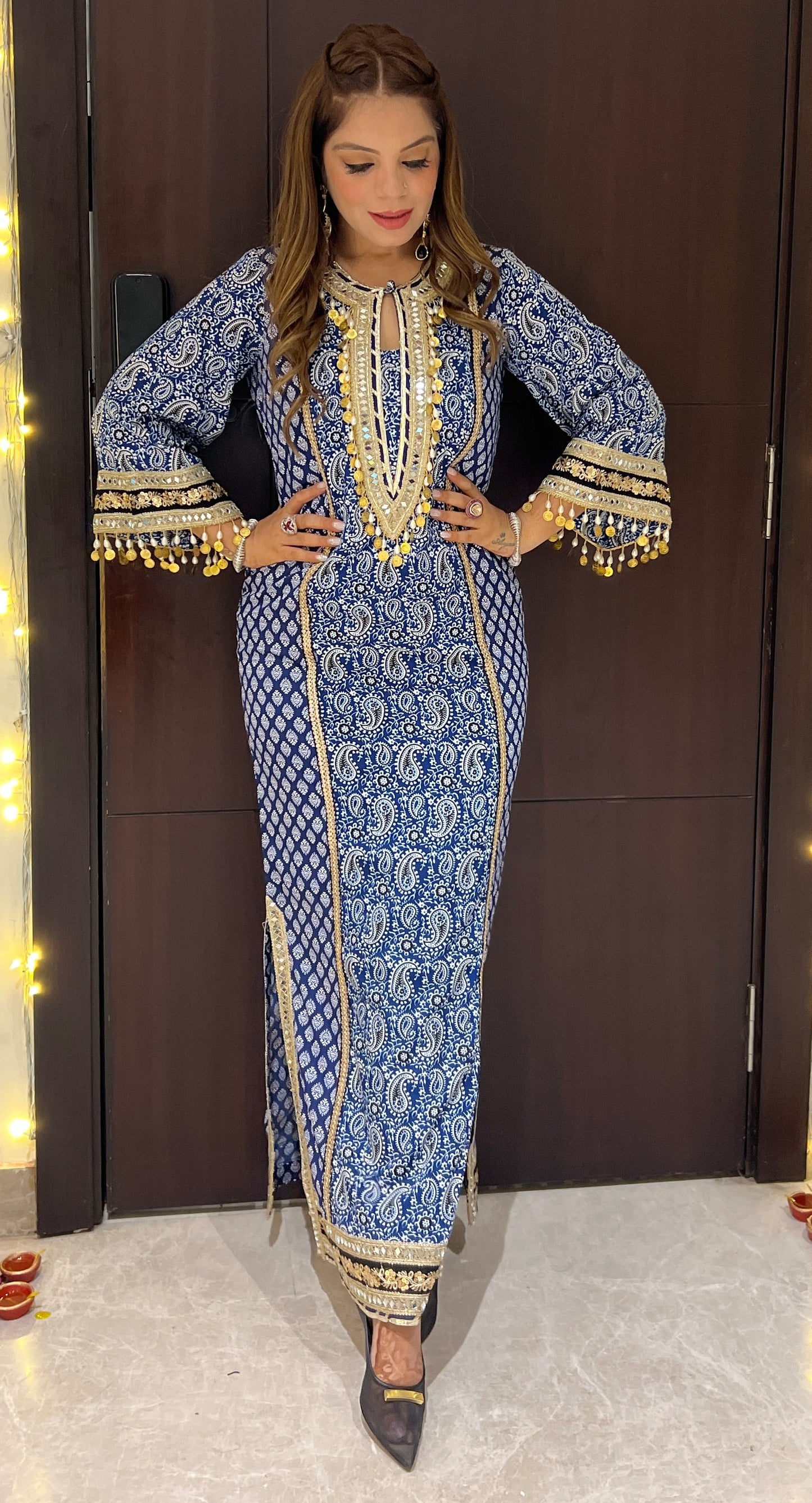 Nazakat – Blue Paisley Print Crepe Suit with Golden Detailing