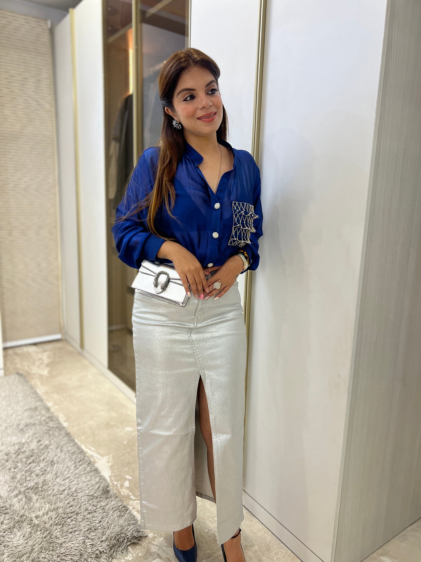 Zunaira - Royal Blue Embroidered Crepe Shirt for Women | Designer Pocket Shirt – Stylish & Elegant | 3D Embroidery