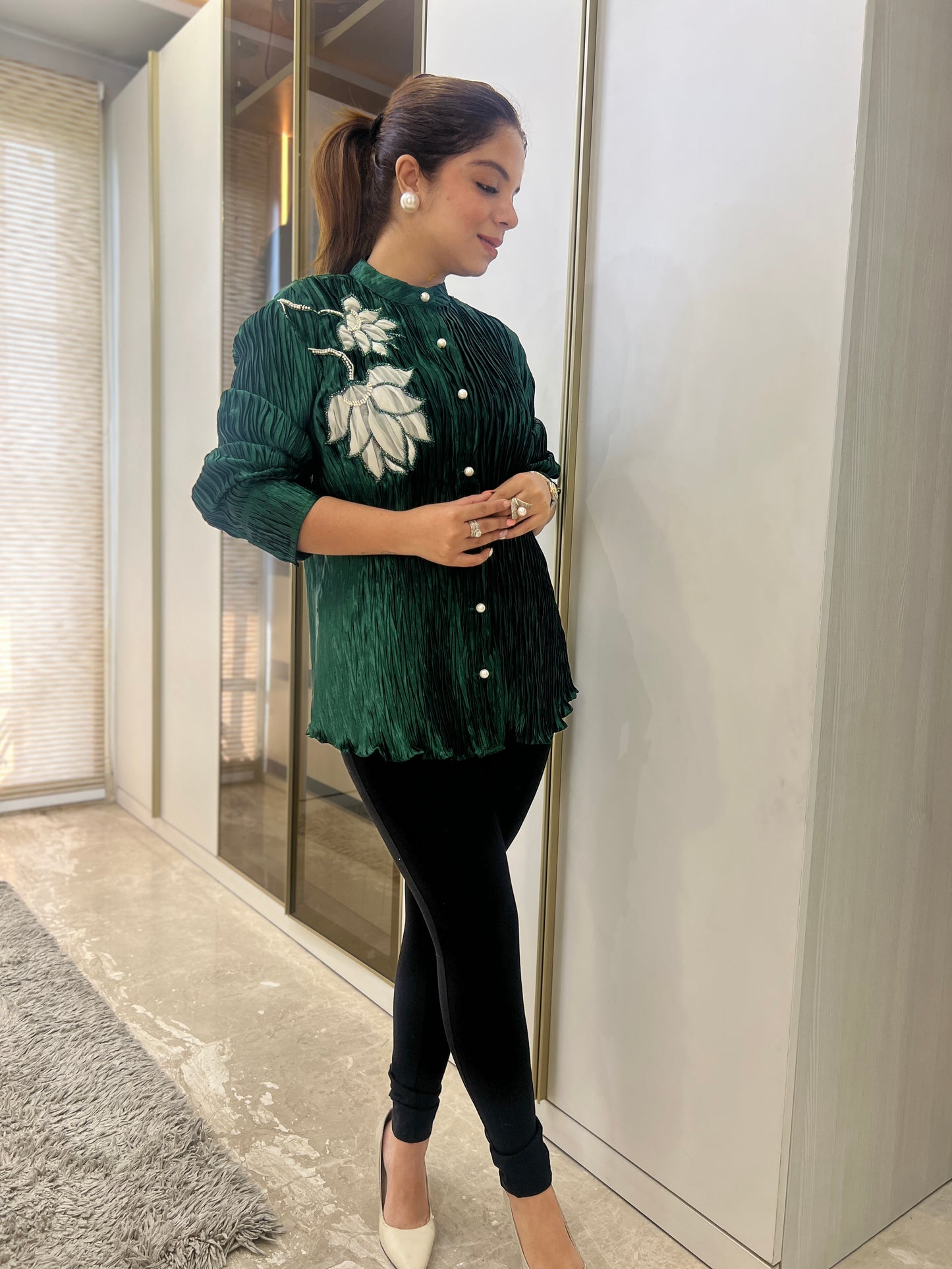 Meher – Green Pleated Embroidered Shirt for Women | MYSTIQUEE CLOSET Winter Collection