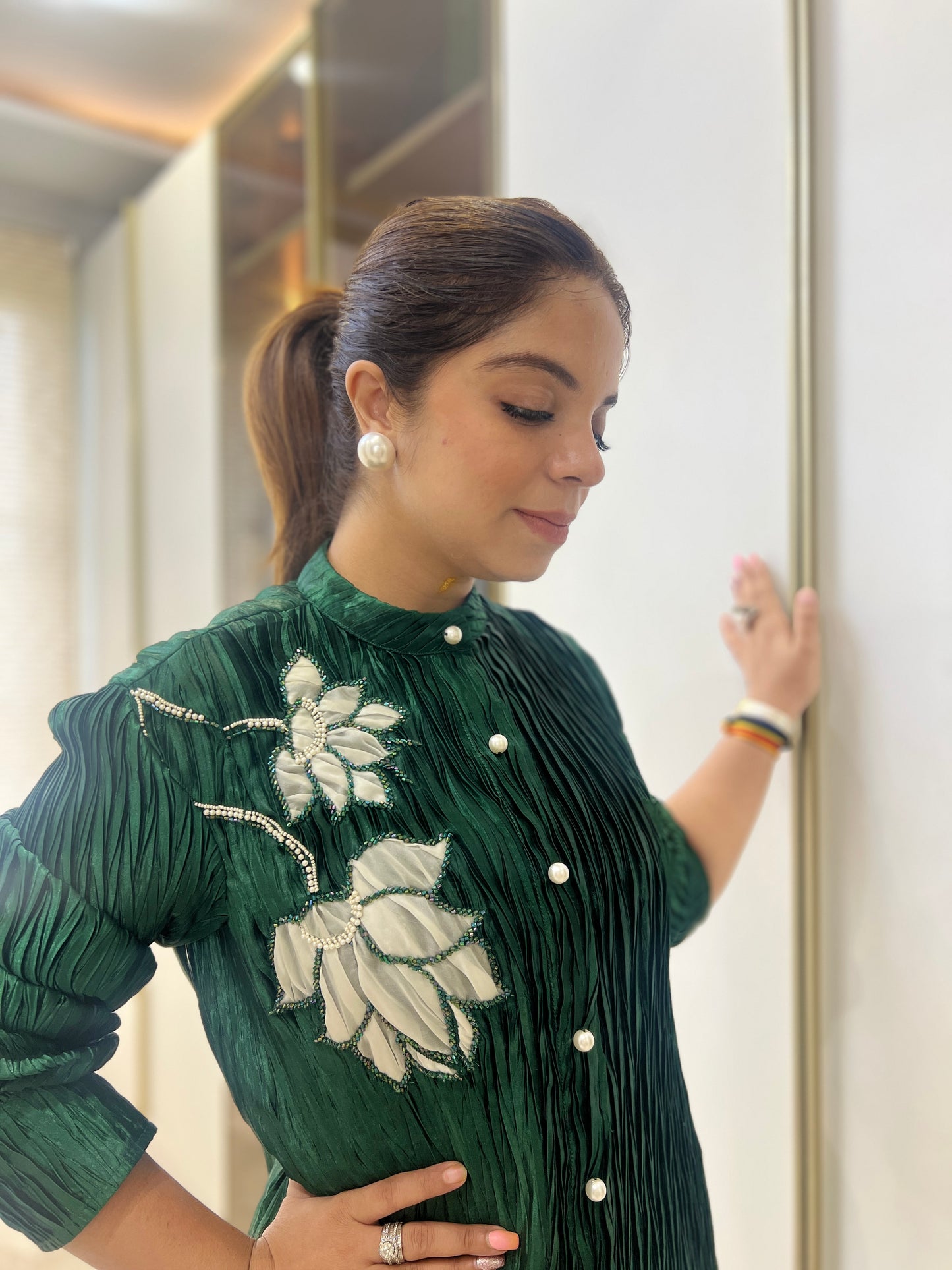 Meher – Green Pleated Embroidered Shirt for Women | MYSTIQUEE CLOSET Winter Collection