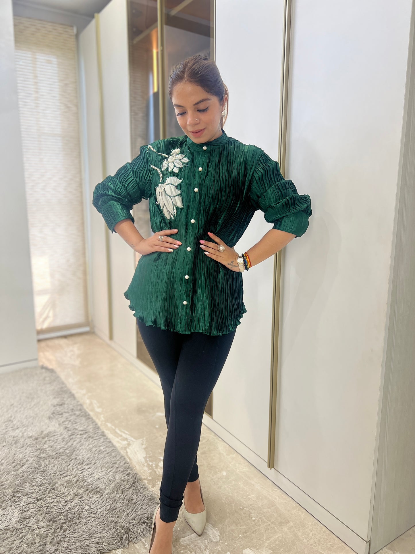 Meher – Green Pleated Embroidered Shirt for Women | MYSTIQUEE CLOSET Winter Collection