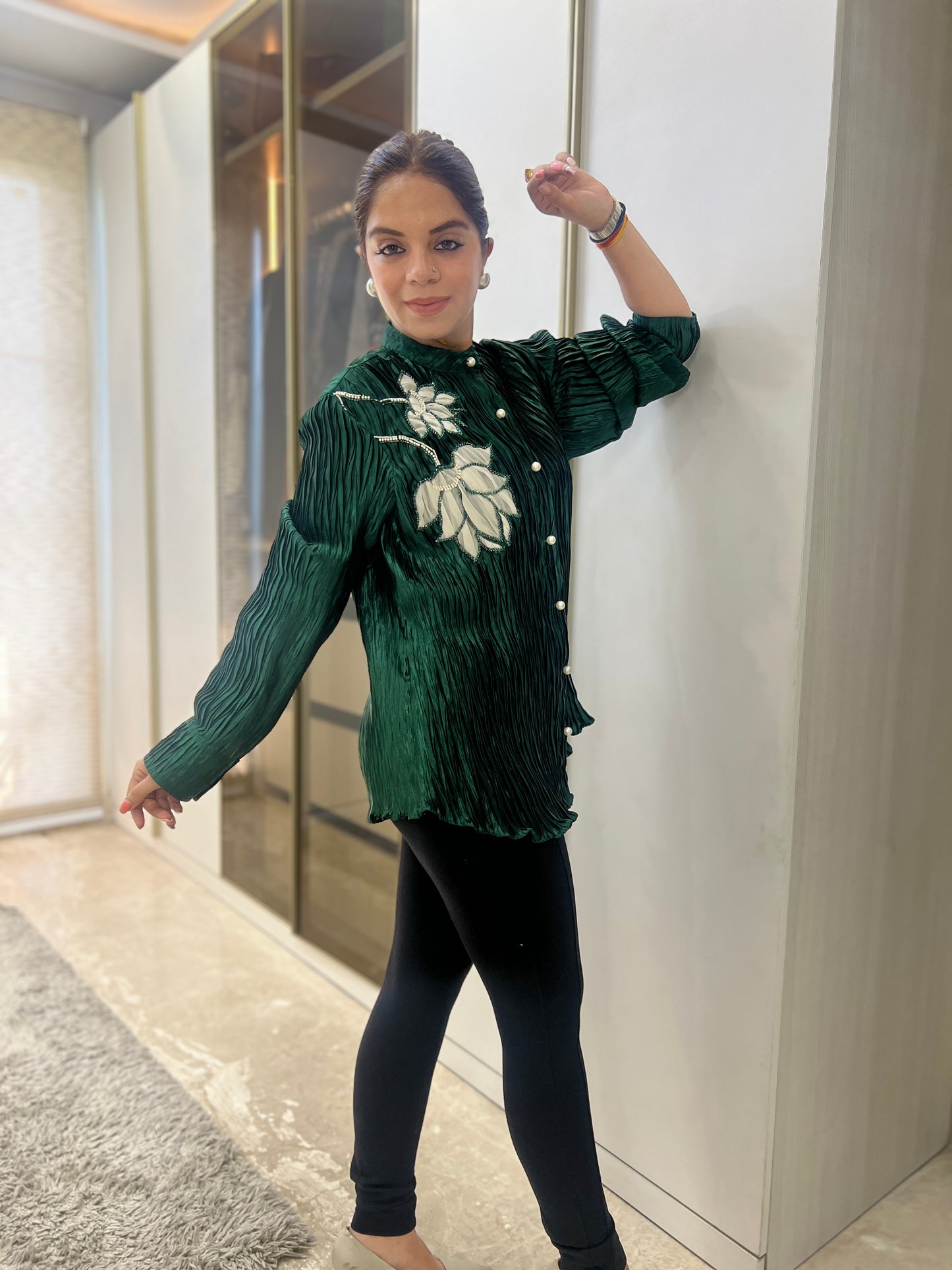 Meher – Green Pleated Embroidered Shirt for Women | MYSTIQUEE CLOSET Winter Collection