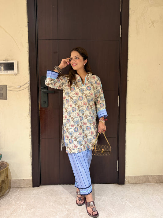 Noor Katha Stripe Set - Women’s Katha Print Kurta with Sleek Salwar Set | Cotton Comfortable Coord Set