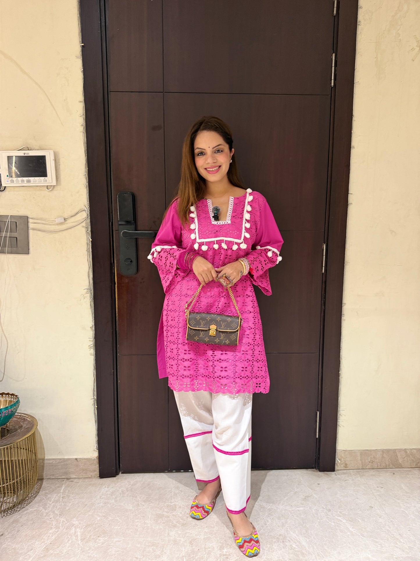 Gul-e-Rani Pink Schiffli Coord Set - Women’s Hot Pink Schiffli Embroidered Kurta Pant Set with Tassels | Designer Cotton Coord Set
