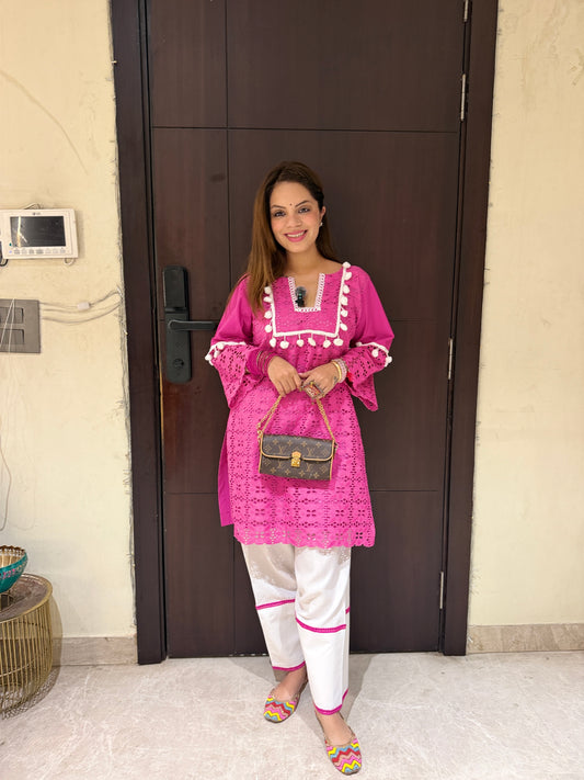 Gul-e-Rani Pink Schiffli Coord Set - Women’s Hot Pink Schiffli Embroidered Kurta Pant Set with Tassels | Designer Cotton Coord Set