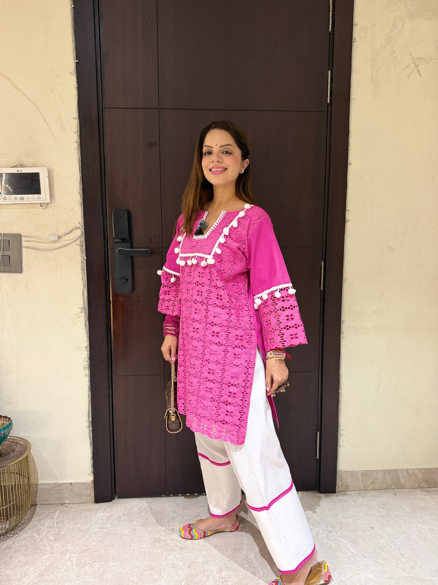 Gul-e-Rani Pink Schiffli Coord Set - Women’s Hot Pink Schiffli Embroidered Kurta Pant Set with Tassels | Designer Cotton Coord Set