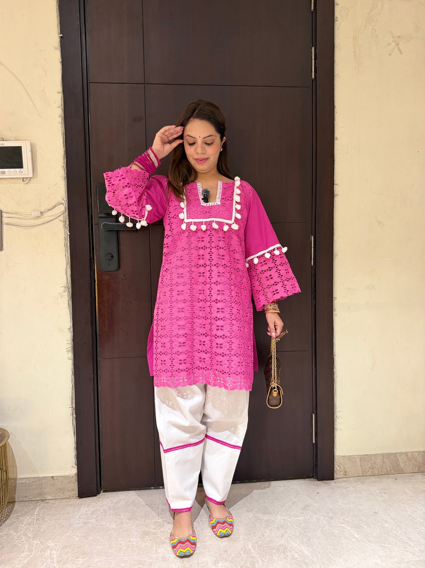Gul-e-Rani Pink Schiffli Coord Set - Women’s Hot Pink Schiffli Embroidered Kurta Pant Set with Tassels | Designer Cotton Coord Set