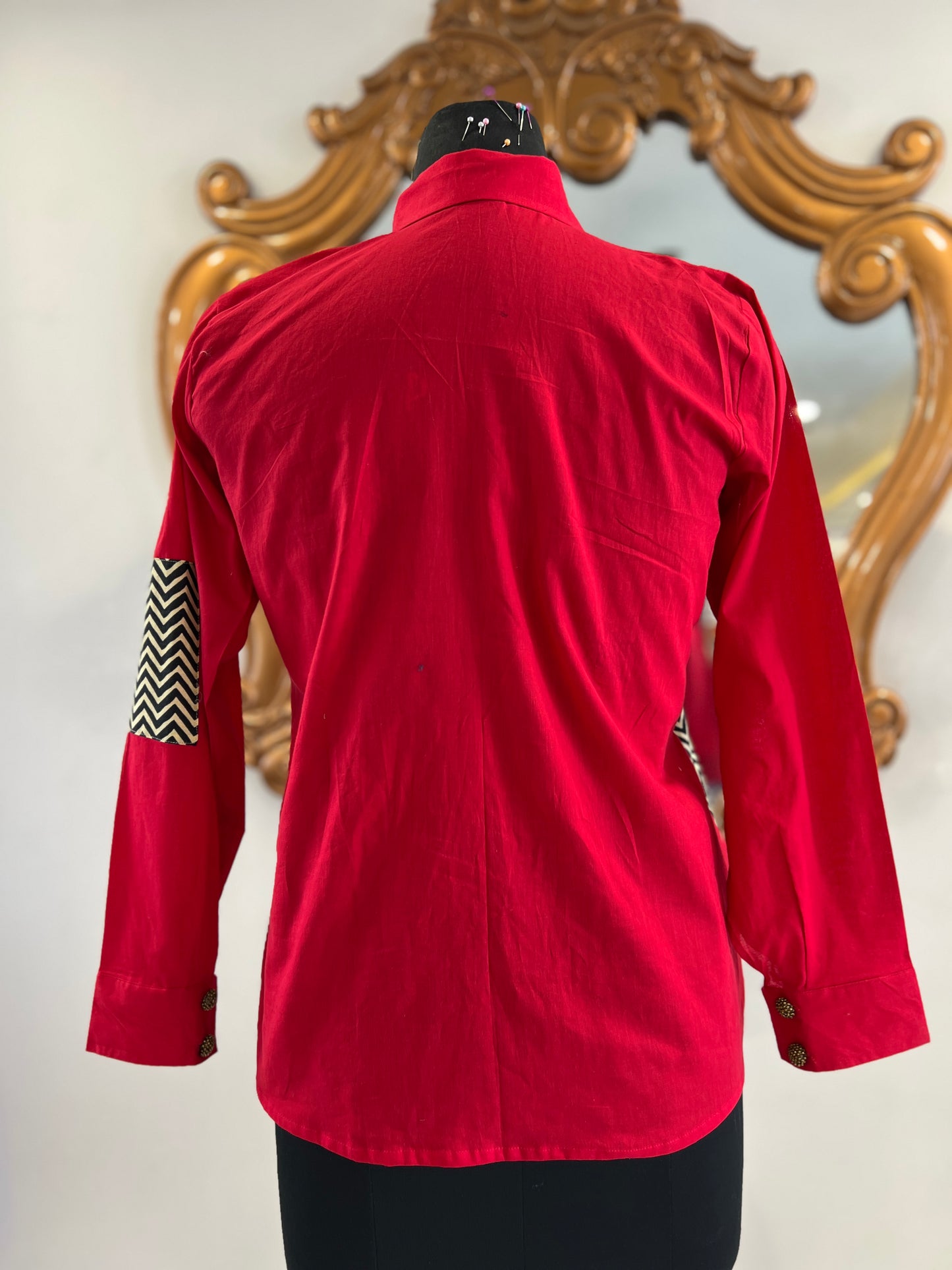 Mahira - Unique Red and Chevron Pattern Shirt – Bold Mixed Print Design | mystiquee closet