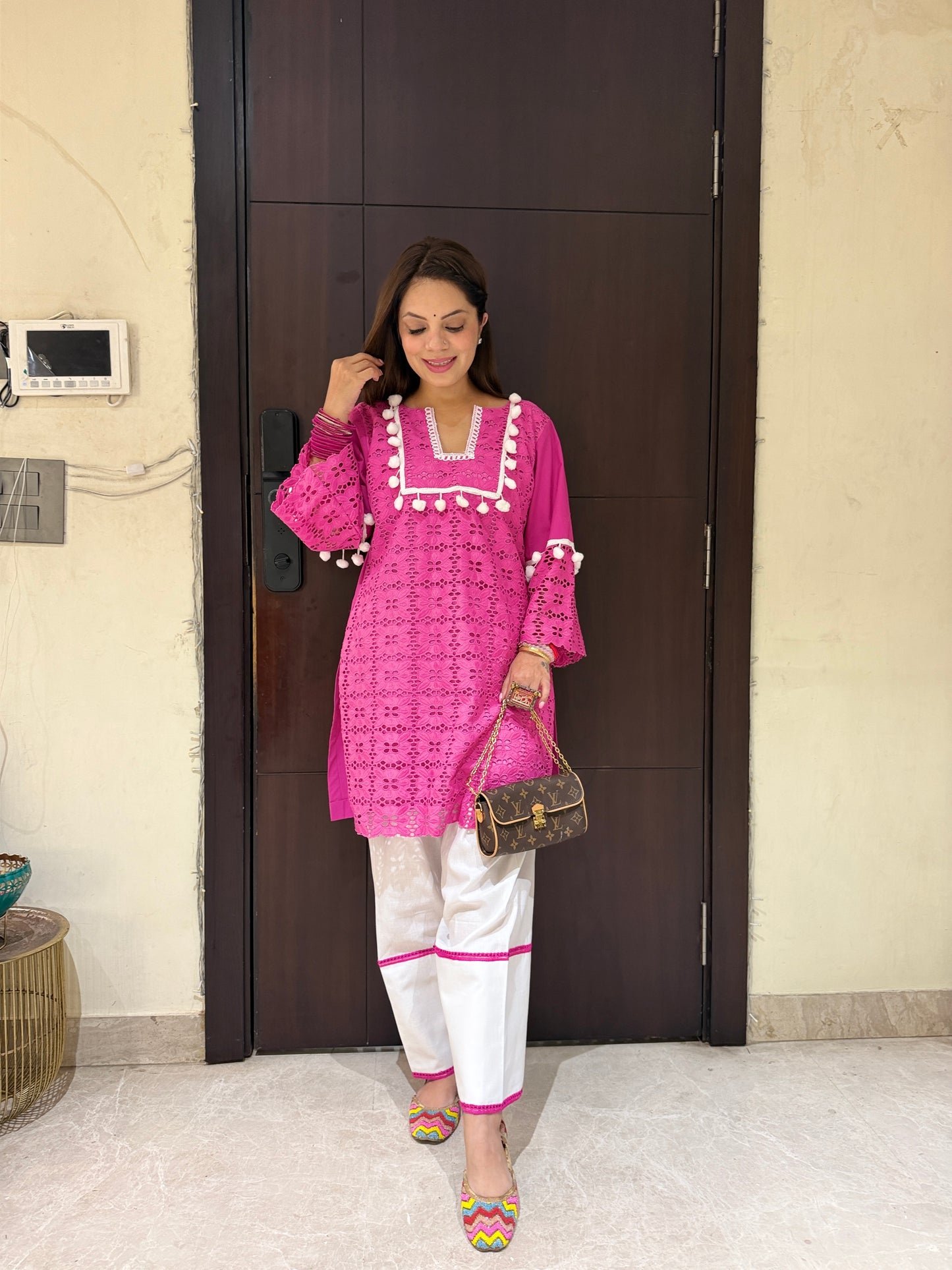 Gul-e-Rani Pink Schiffli Coord Set - Women’s Hot Pink Schiffli Embroidered Kurta Pant Set with Tassels | Designer Cotton Coord Set