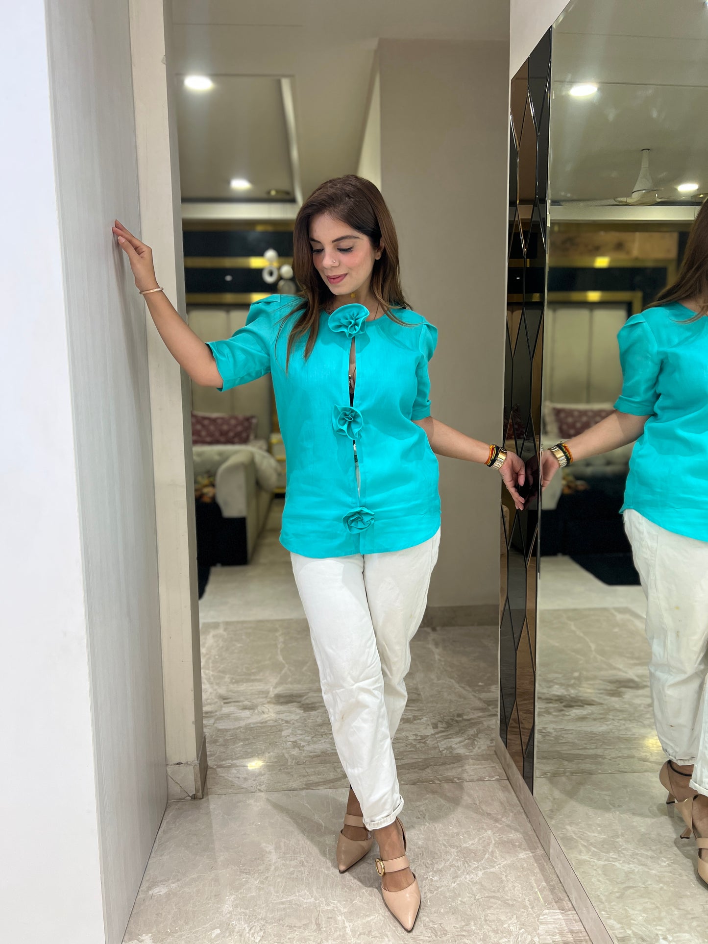 Meerab - Handcrafted Flower Button Shirt in Aqua Blue – Fusion Wear for Women| mystiquee closet