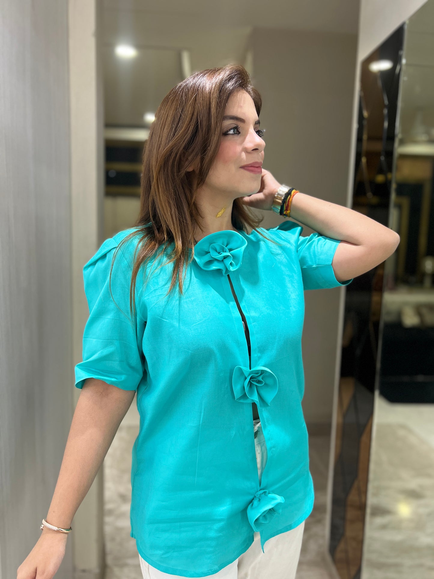Meerab - Handcrafted Flower Button Shirt in Aqua Blue – Fusion Wear for Women| mystiquee closet