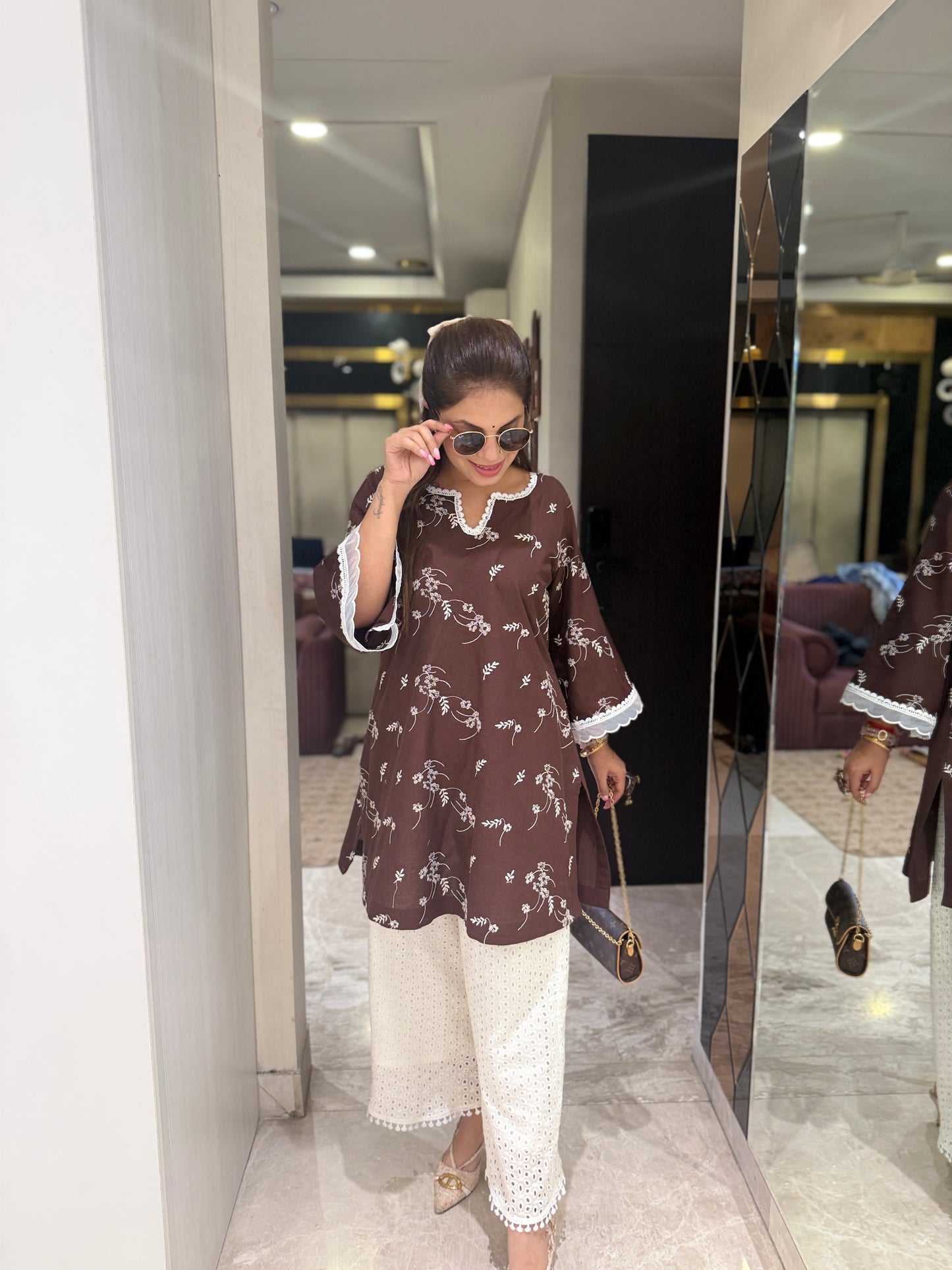 Mocha Bloom Kurta Set - Women’s Brown Floral Embroidery Kurta with White Schiffli Palazzo Set | Elegant Cotton Coord Set
