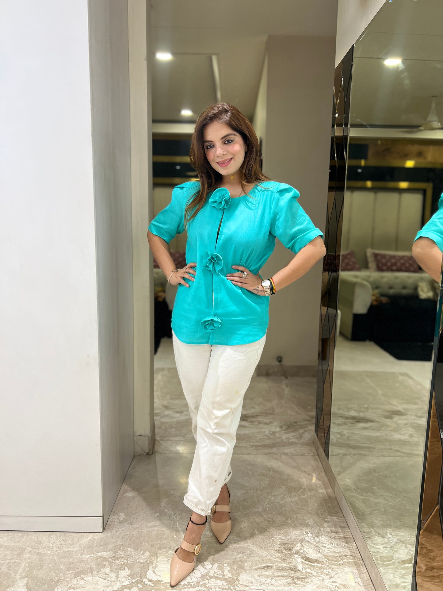 Meerab - Handcrafted Flower Button Shirt in Aqua Blue – Fusion Wear for Women| mystiquee closet
