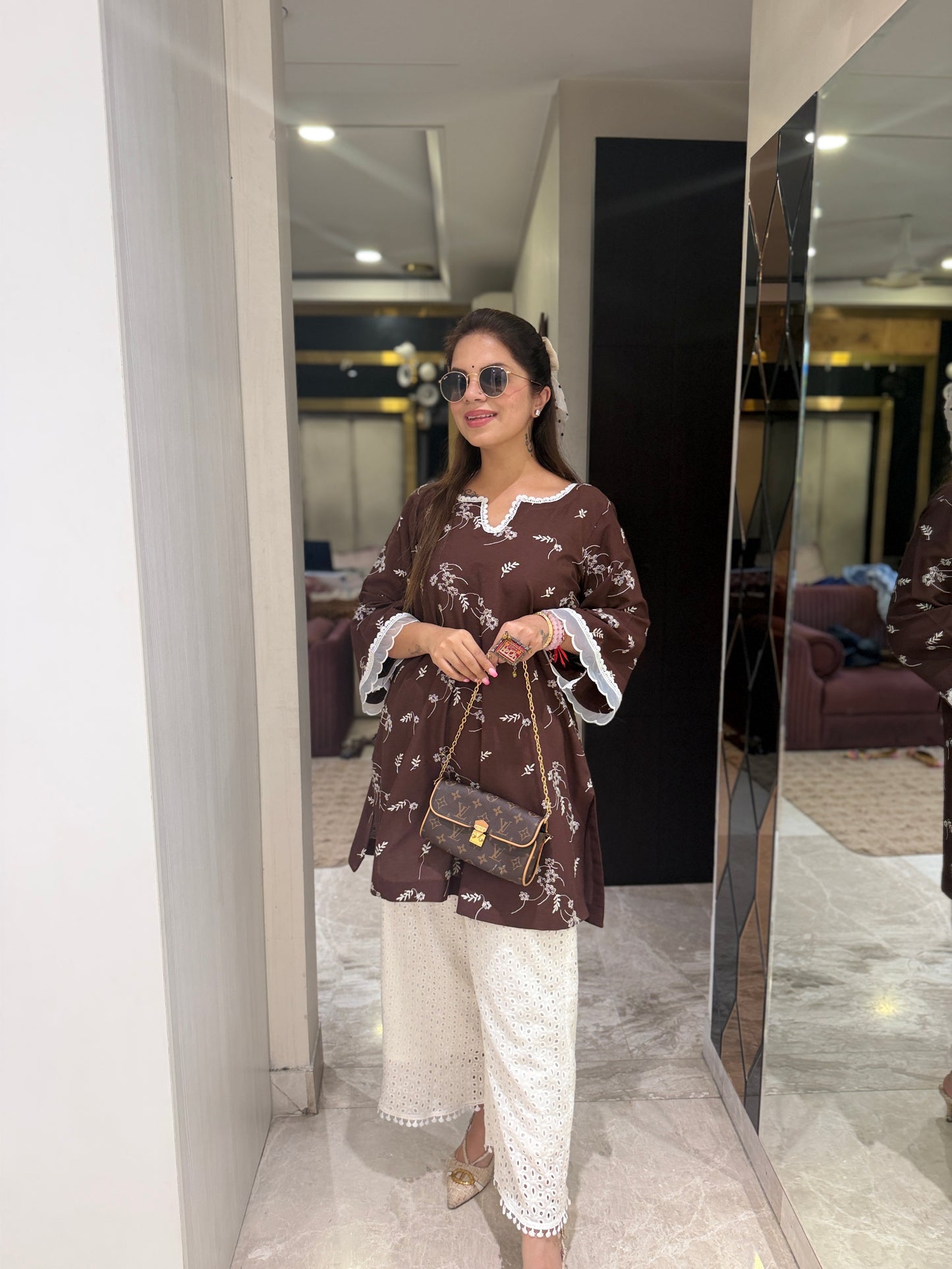 Mocha Bloom Kurta Set - Women’s Brown Floral Embroidery Kurta with White Schiffli Palazzo Set | Elegant Cotton Coord Set