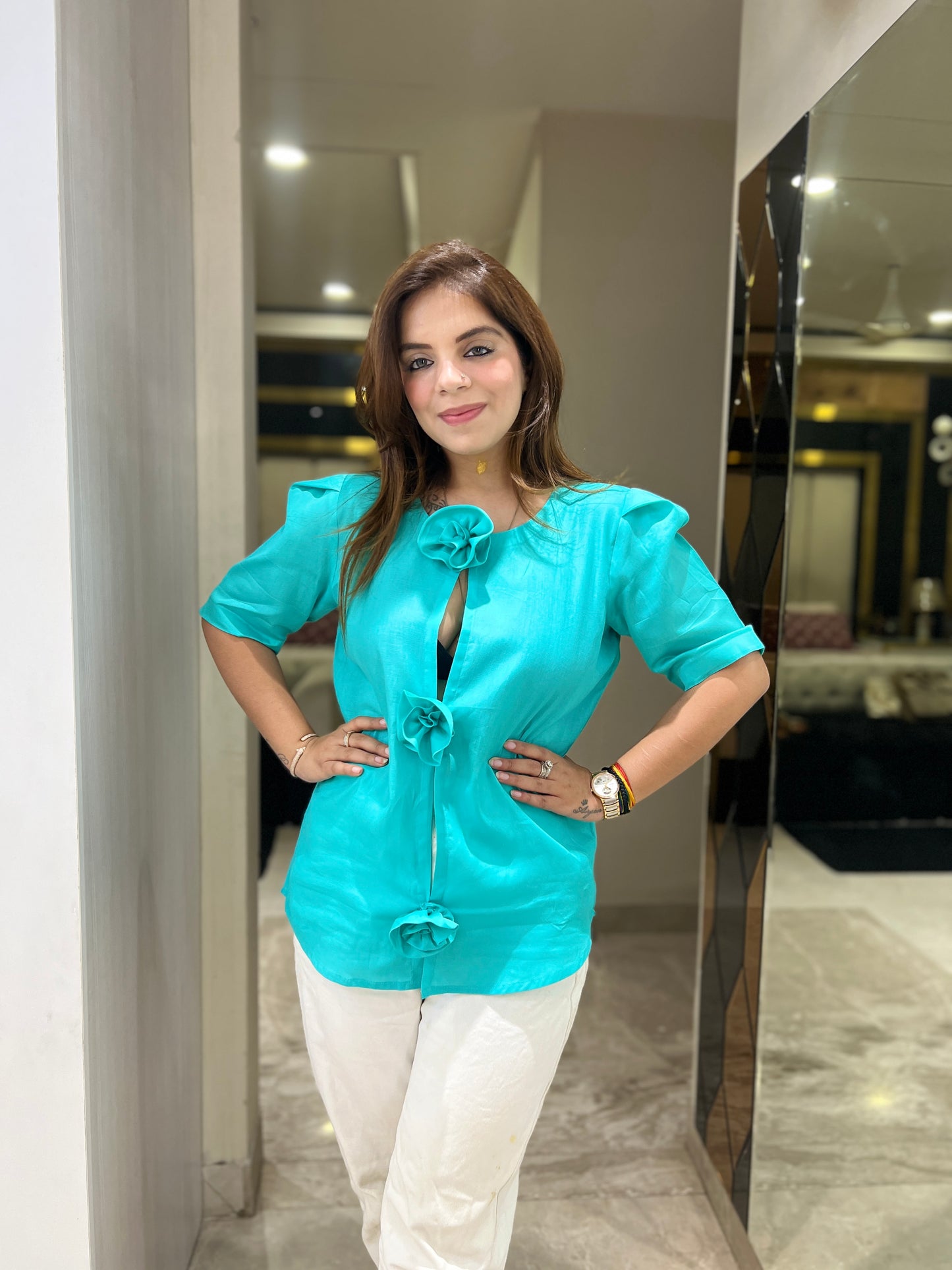 Meerab - Handcrafted Flower Button Shirt in Aqua Blue – Fusion Wear for Women| mystiquee closet
