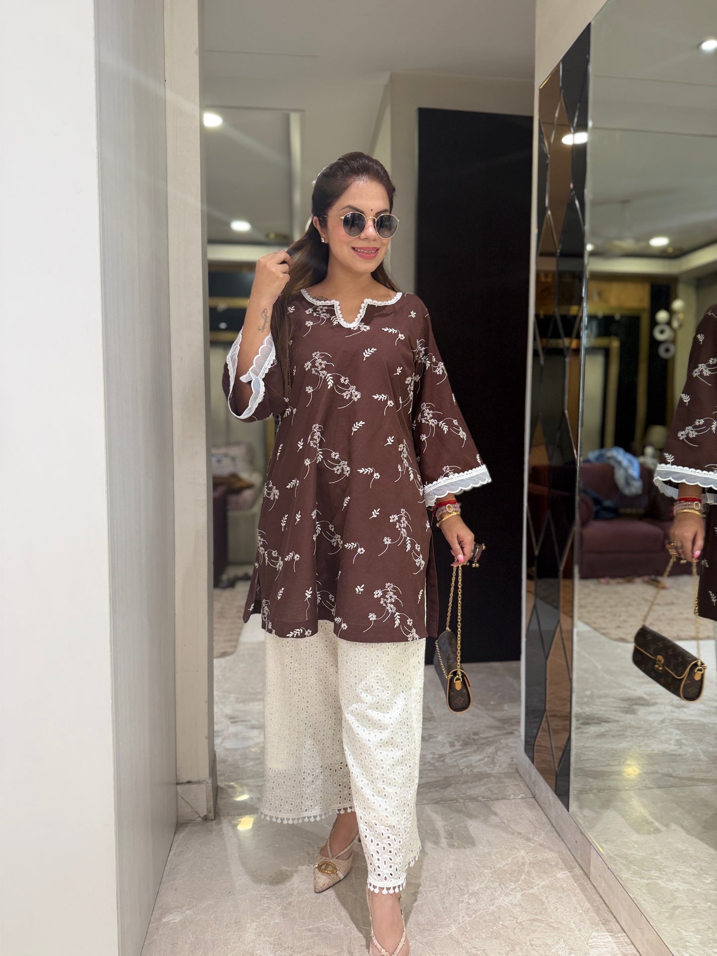 Mocha Bloom Kurta Set - Women’s Brown Floral Embroidery Kurta with White Schiffli Palazzo Set | Elegant Cotton Coord Set