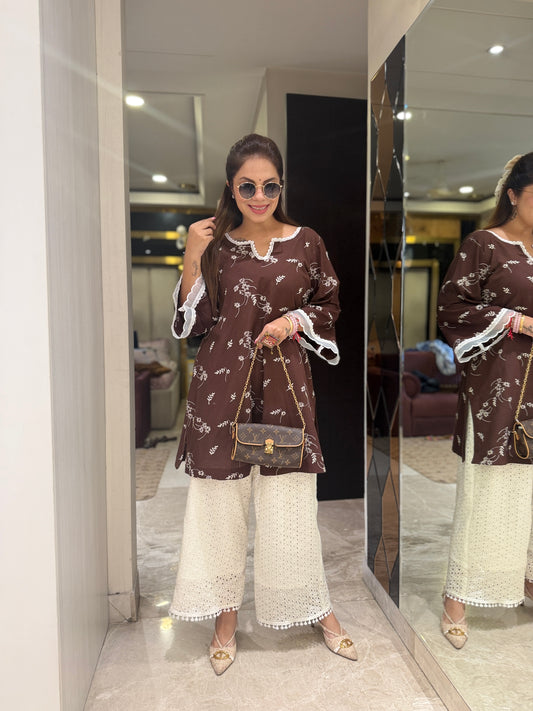 Mocha Bloom Kurta Set - Women’s Brown Floral Embroidery Kurta with White Schiffli Palazzo Set | Elegant Cotton Coord Set