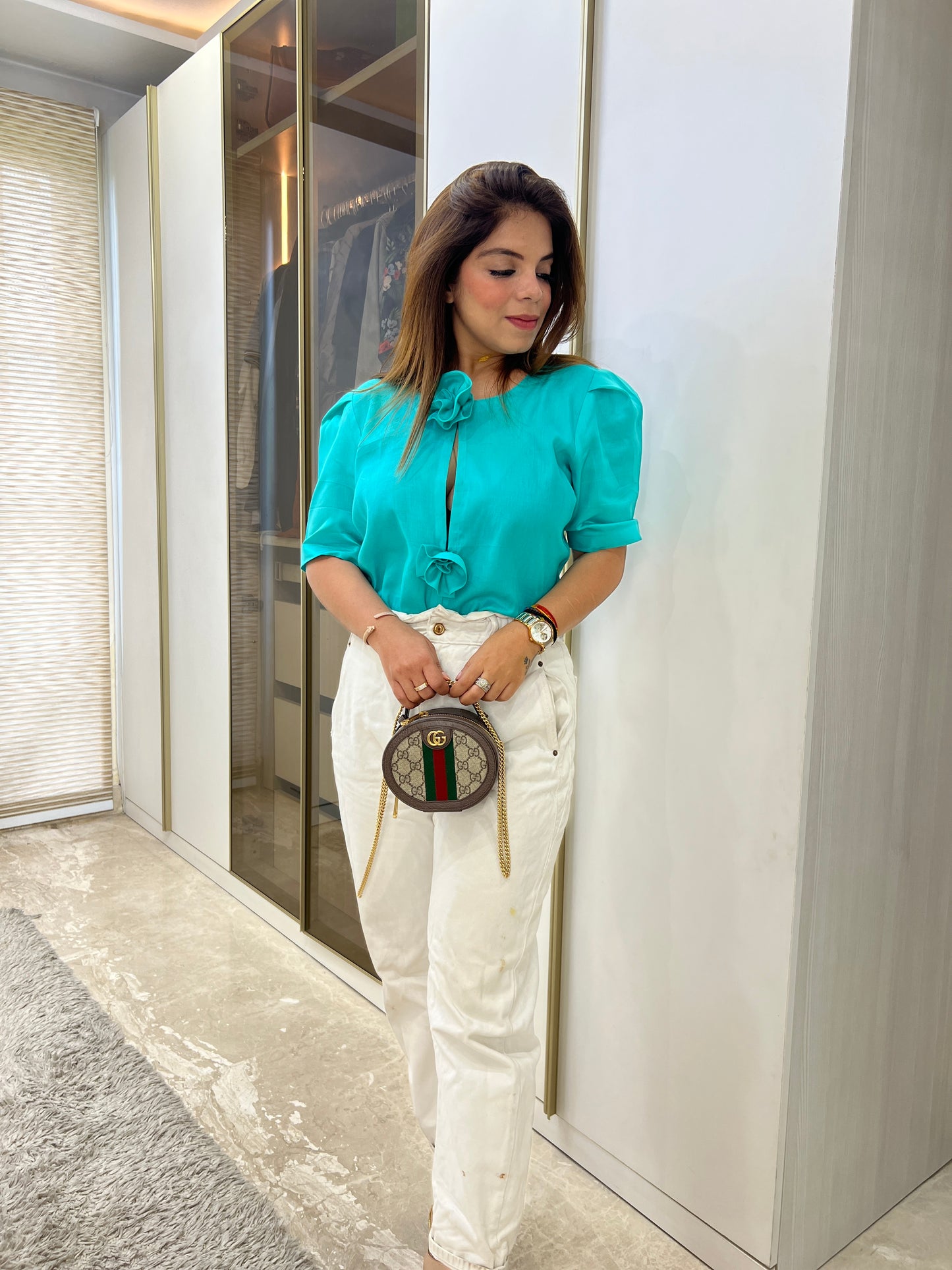 Meerab - Handcrafted Flower Button Shirt in Aqua Blue – Fusion Wear for Women| mystiquee closet