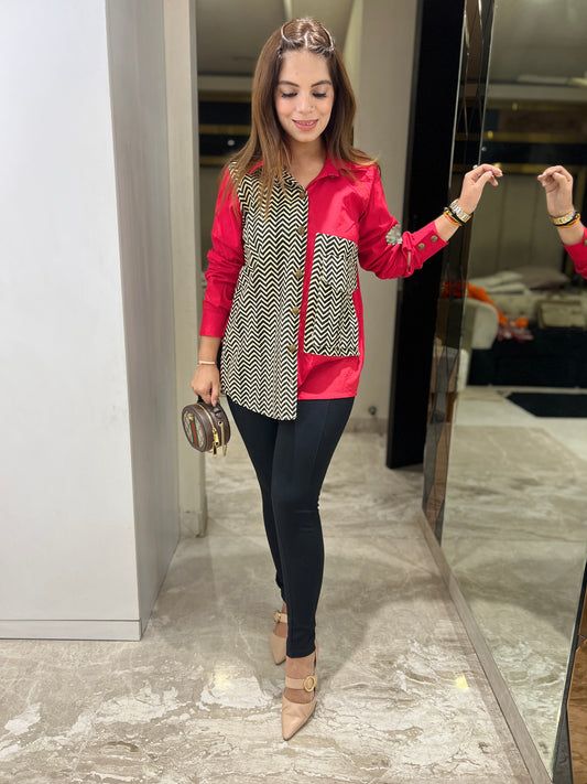 Mahira - Unique Red and Chevron Pattern Shirt – Bold Mixed Print Design | mystiquee closet