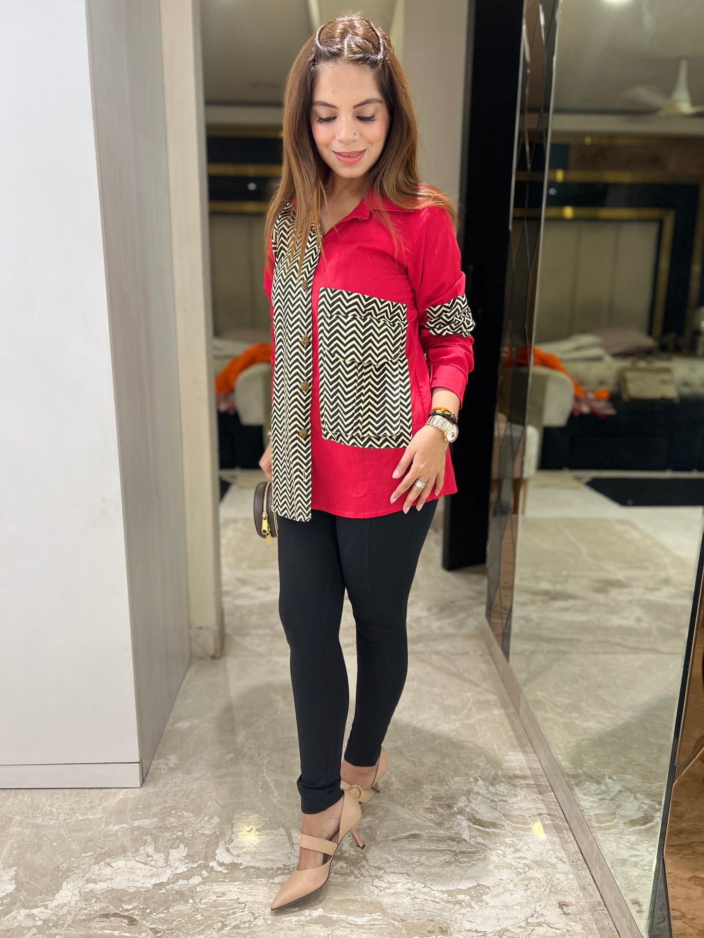 Mahira - Unique Red and Chevron Pattern Shirt – Bold Mixed Print Design | mystiquee closet